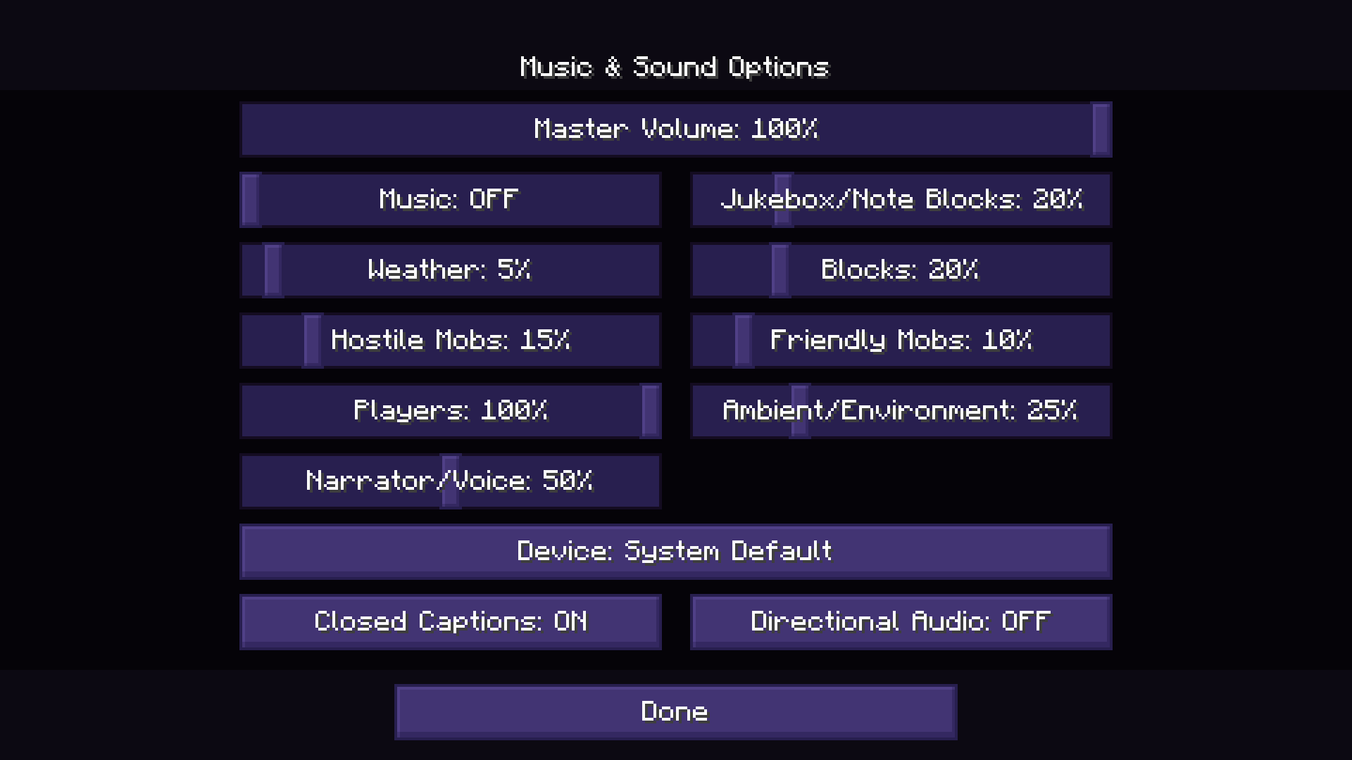 Sound options menu. Master volume has been increased to 100%, and most other sources have been turned down significantly apart from Players.