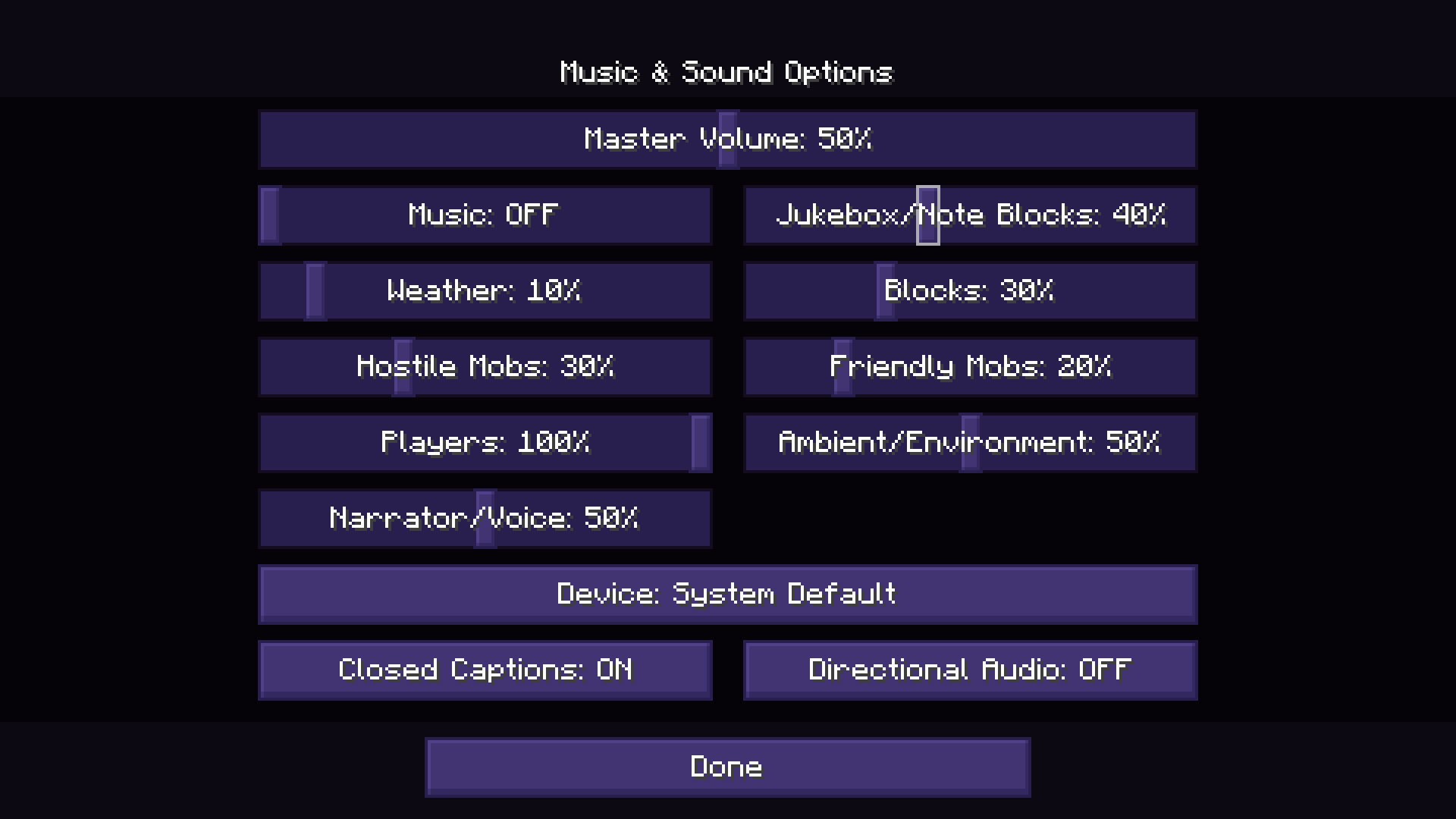 Sound options menu. Master volume is at 50%.