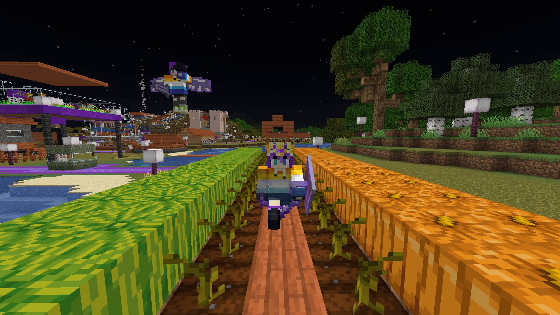 Ela walks along an acacia plank path between a row of melons and a row of pumpkins.