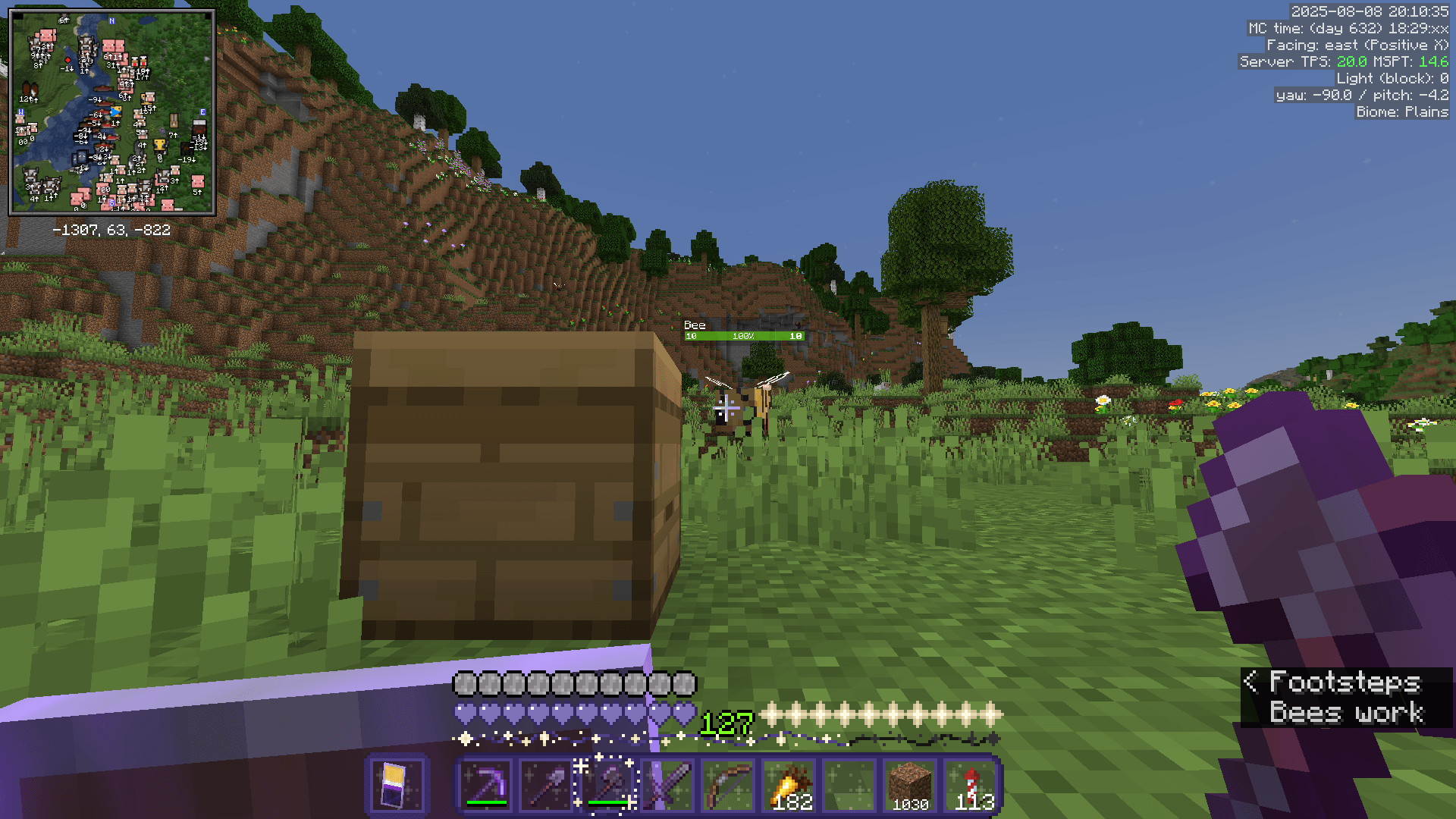 Luring a bee into a beehive as night falls, in the plains near a flower forest hill.