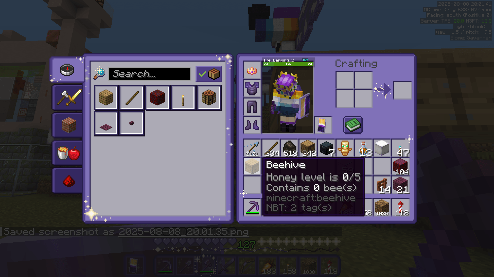 Inventory GUI with a beehive highlighted. The tooltip shows that there are no bees inside.