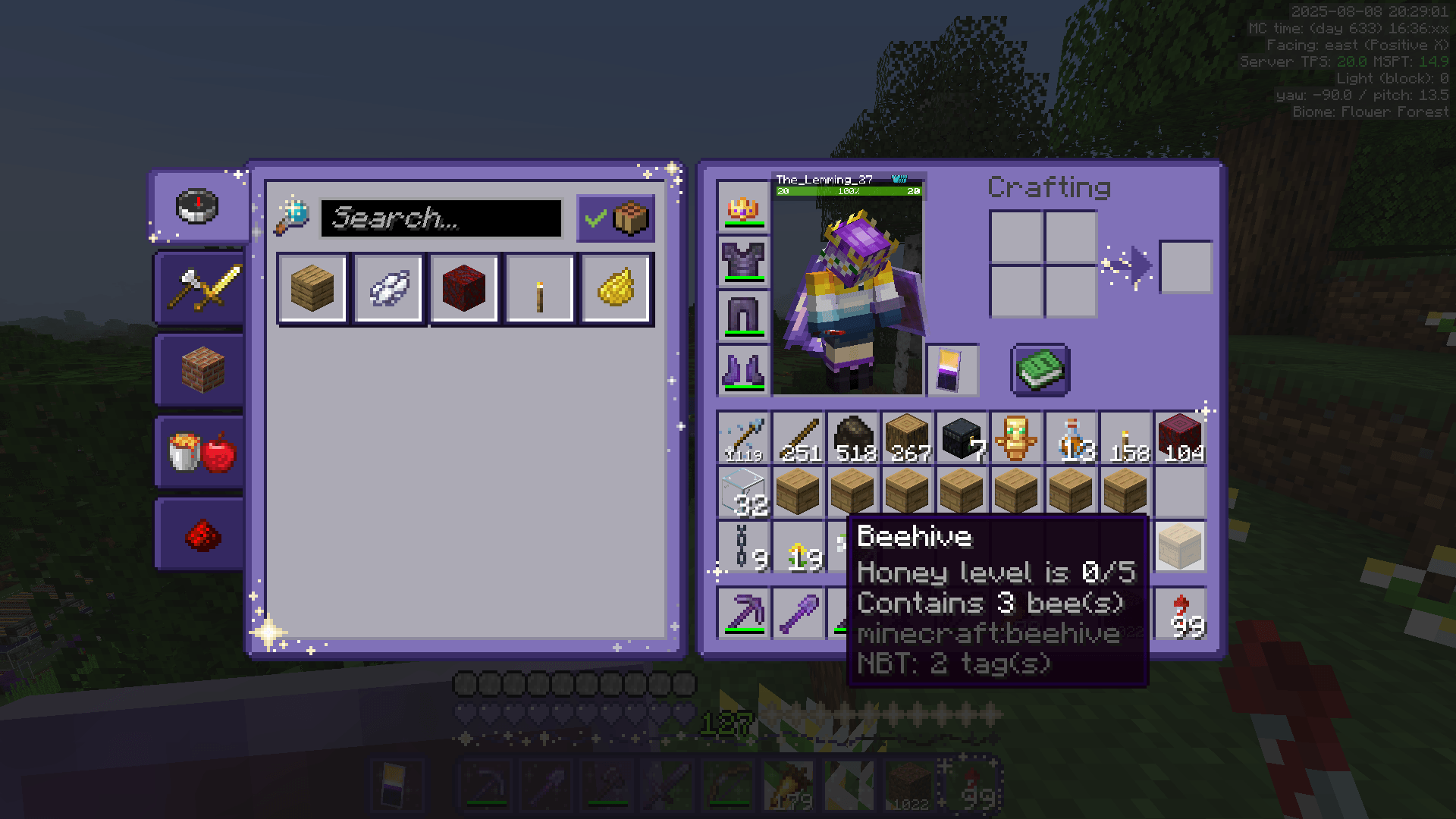 An inventory containing eight beehives, now full with three bees as indicated by the tooltip.