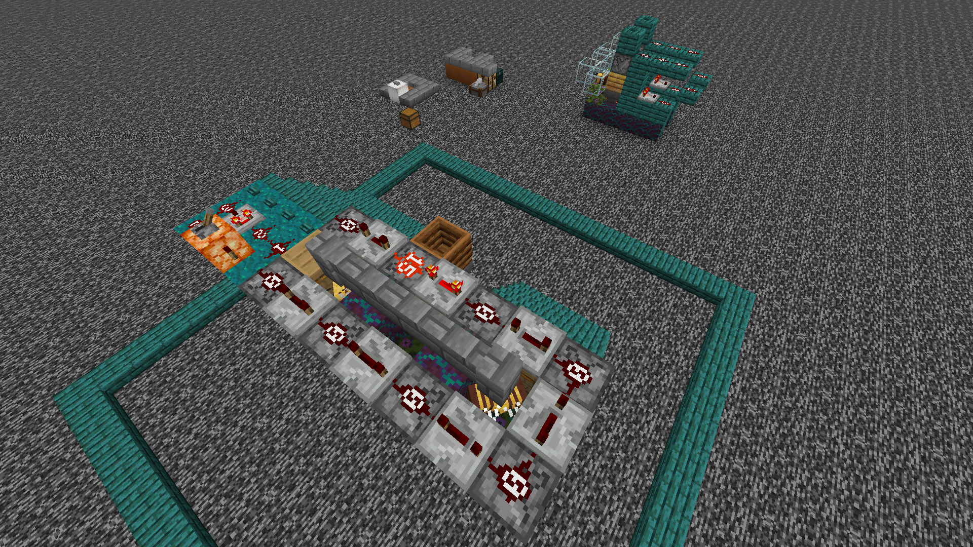 Top-down view of a honey bottle farm on the nether roof. The honeycomb farm is visible in the background.