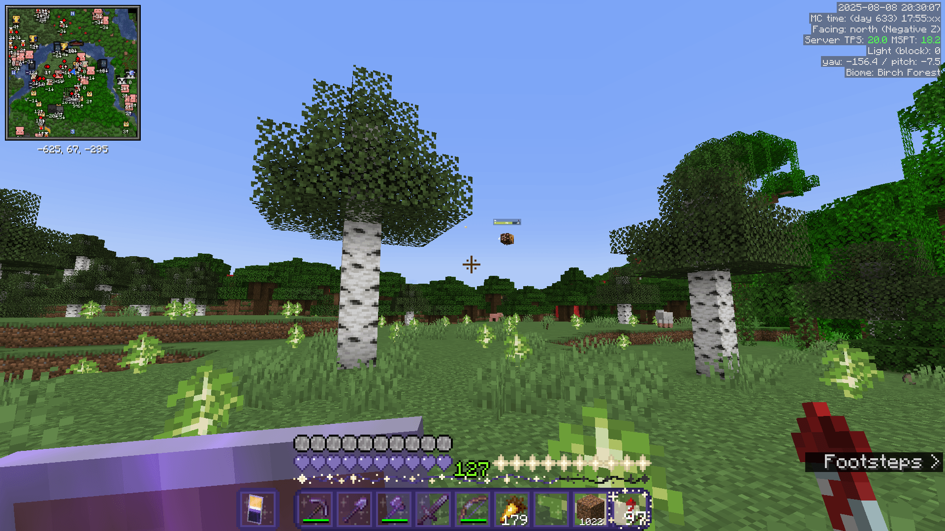 A bee roams around a plantation of birch saplings. It is carrying pollen, and has taken some damage, as indicated by the health bar.