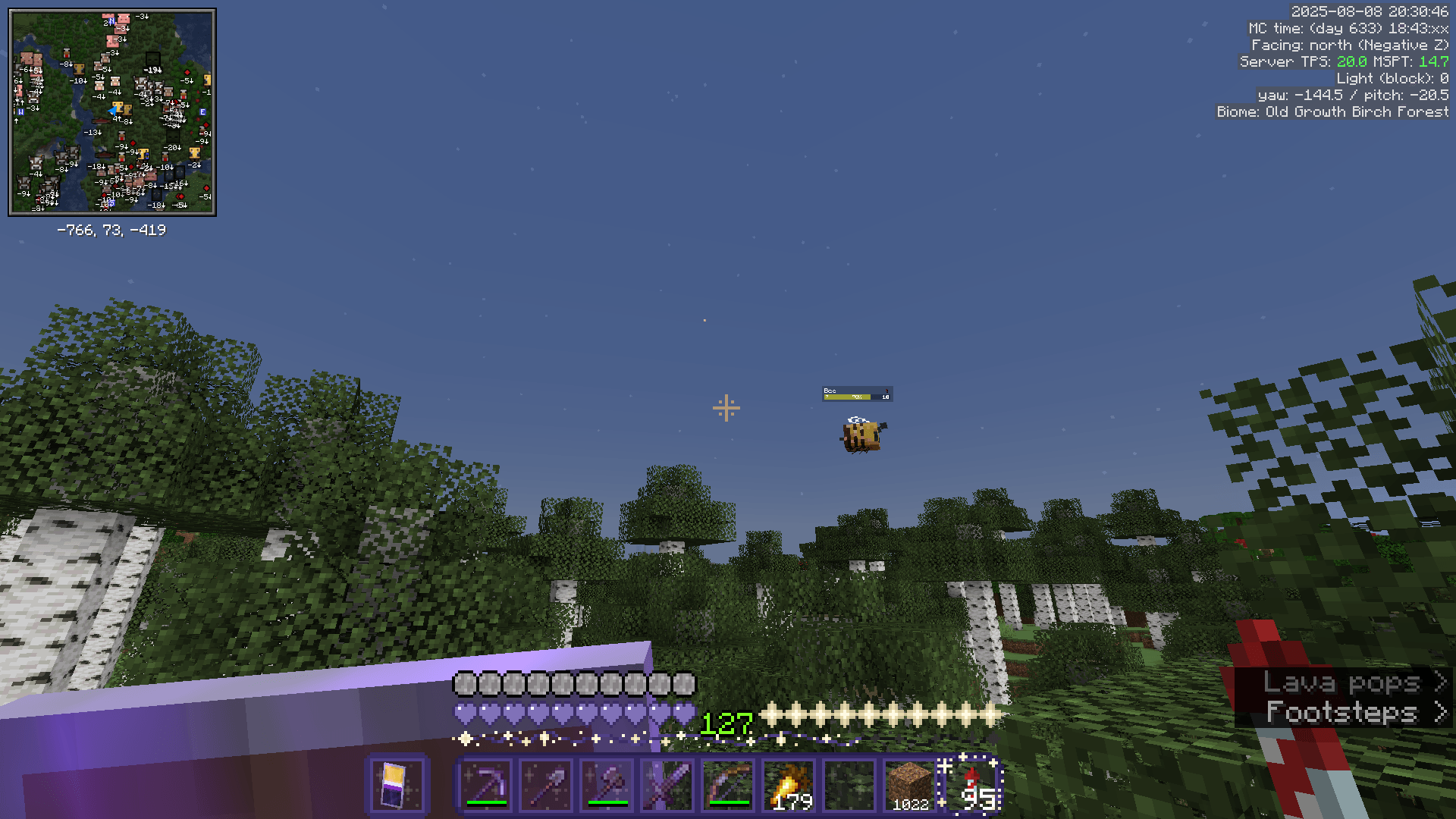 A bee wanders around an old growth birch forest as night falls. It is carrying pollen, and has 7 out of 10 hitpoints, as indicated by the health bar.