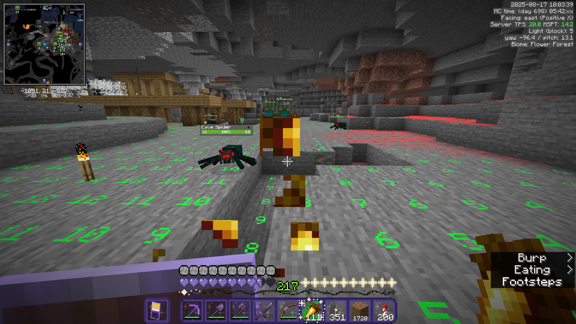 Eating a golden carrot in a wide cavern as various monsters approach. A mineshaft with a cave spider spawner is visible to the left.