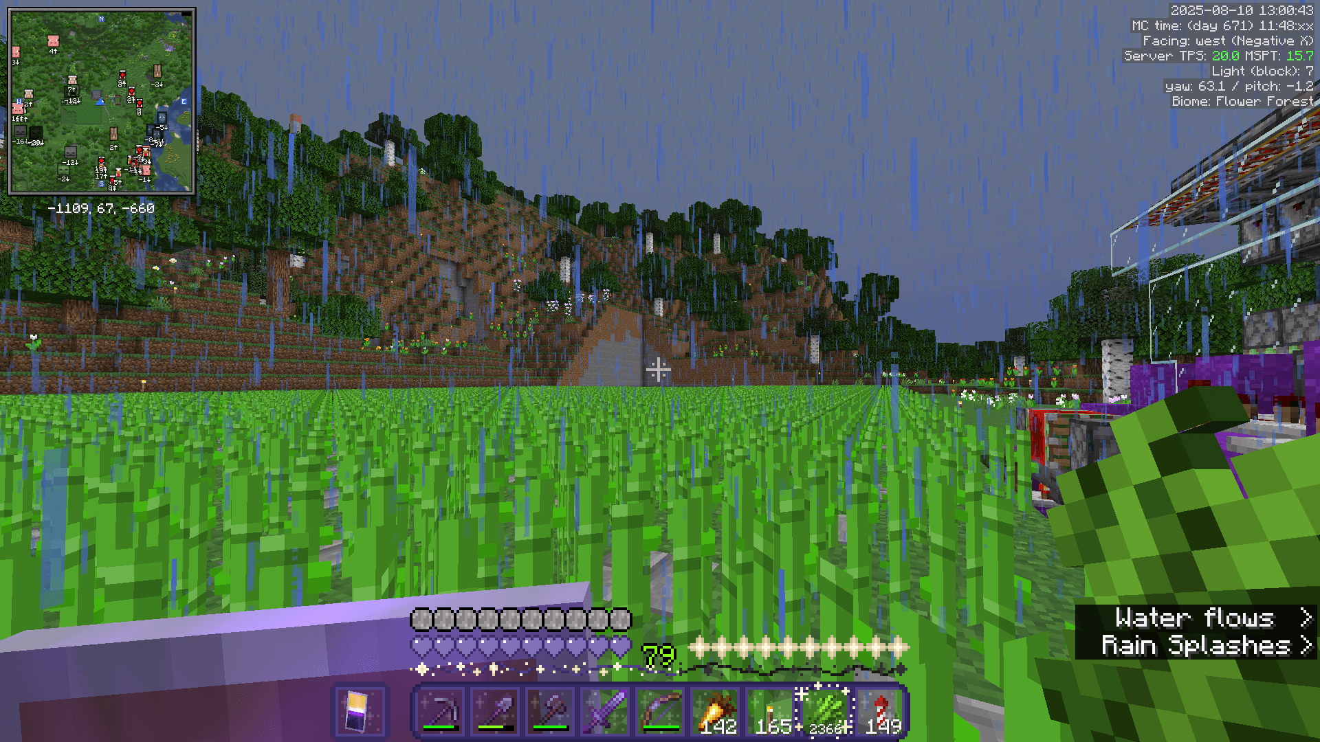 Looking across a large sugarcane field in a flower forest biome. Behind the field is a forested hill.