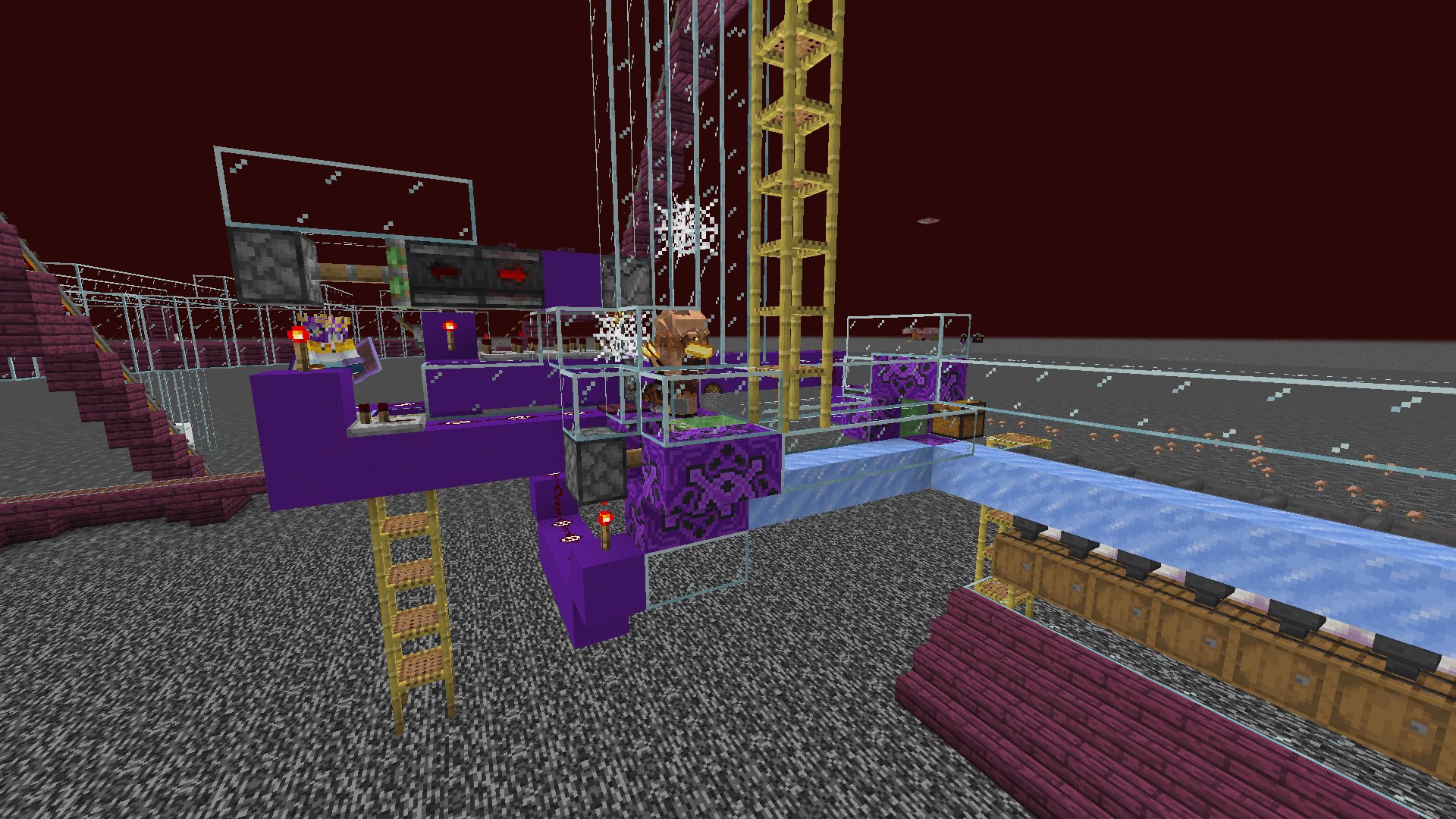 Piglins inspect gold ingots that are fed from a dropper, as Ela looks on from behind the controls.