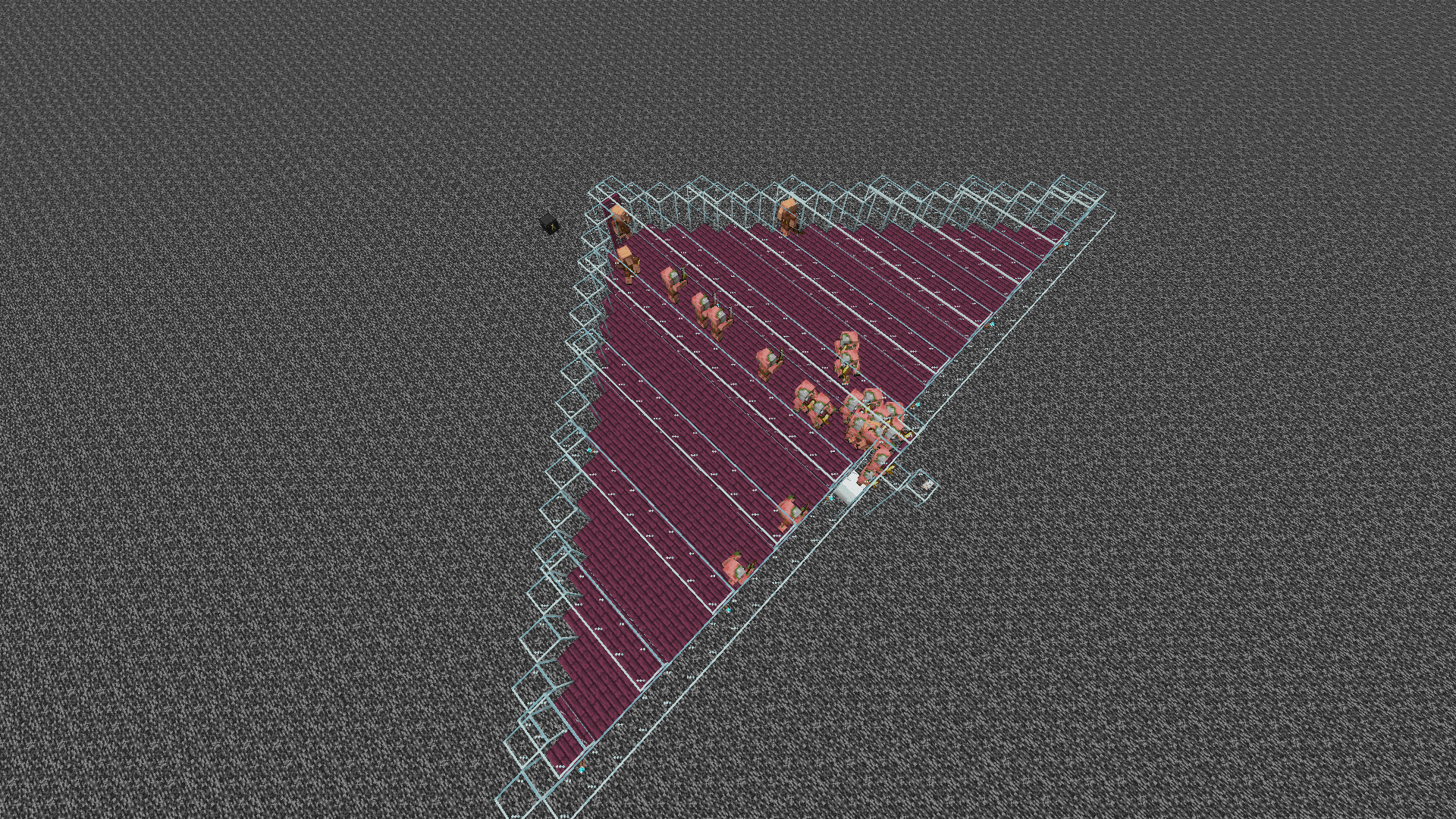 A triangular platform of crimson planks on the nether roof. Some piglins are scared by soul torches towards one end, while many zombified piglins are drawn to a turtle egg on the other side.
