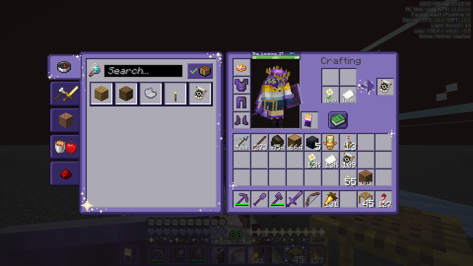 Inventory containing stacks of 13,000 oxeye daisies and paper, plus another 1,000 of each in the crafting grid to make flower banner patterns.