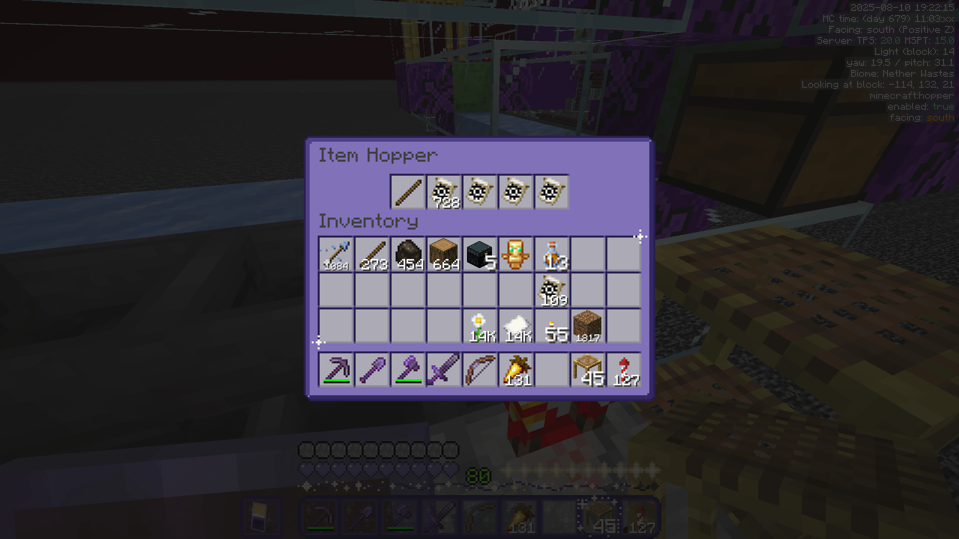 Hopper inventory containing a stick, a stack of 728 flower banner patterns, and one flower banner pattern in each of the last three slots.
