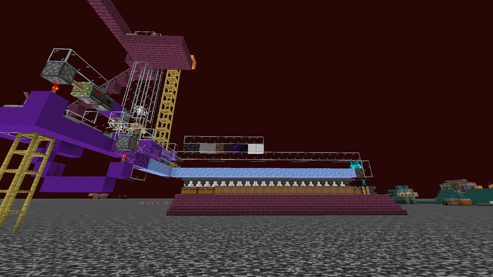 Front-on view of the barter farm, showing the line-up of blocks that the farm produces. The honeycomb and honey bottle farms are visible behind.