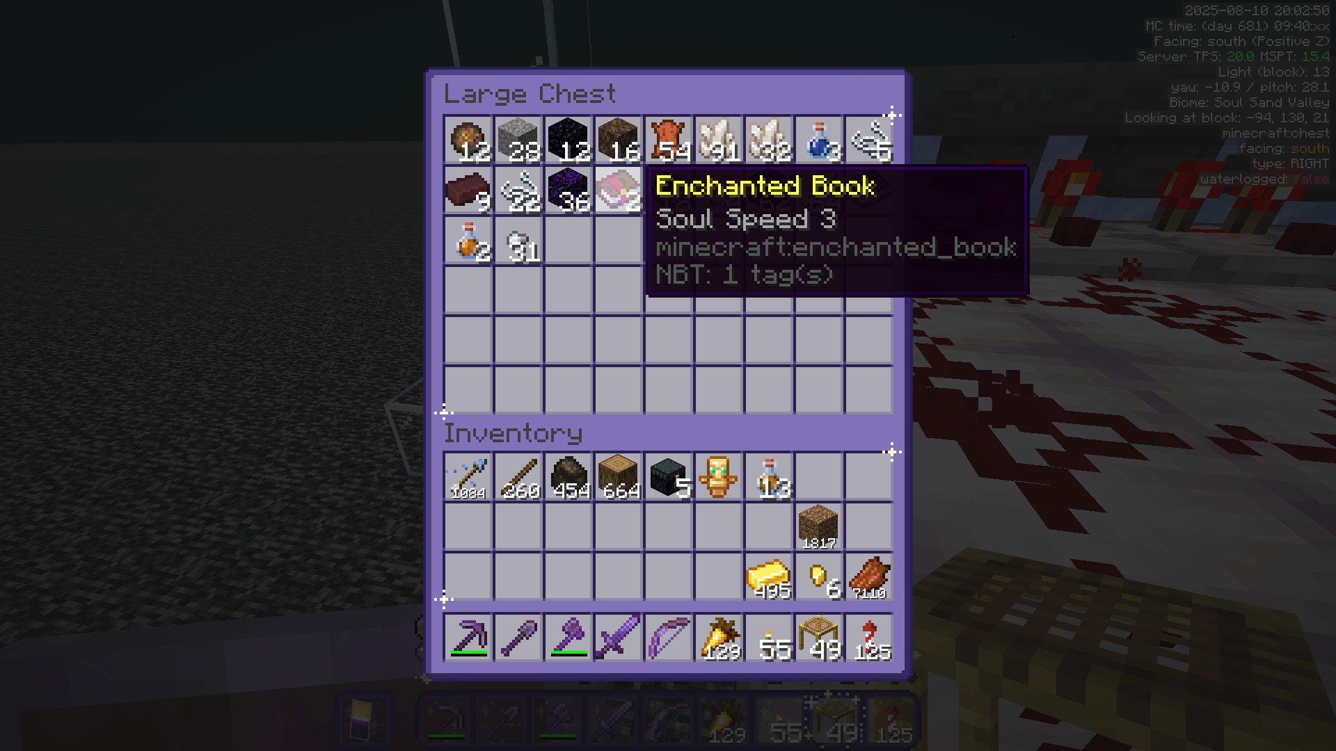 Chest inventory containing a variety of piglin barter items, including a Soul Speed 3 book.