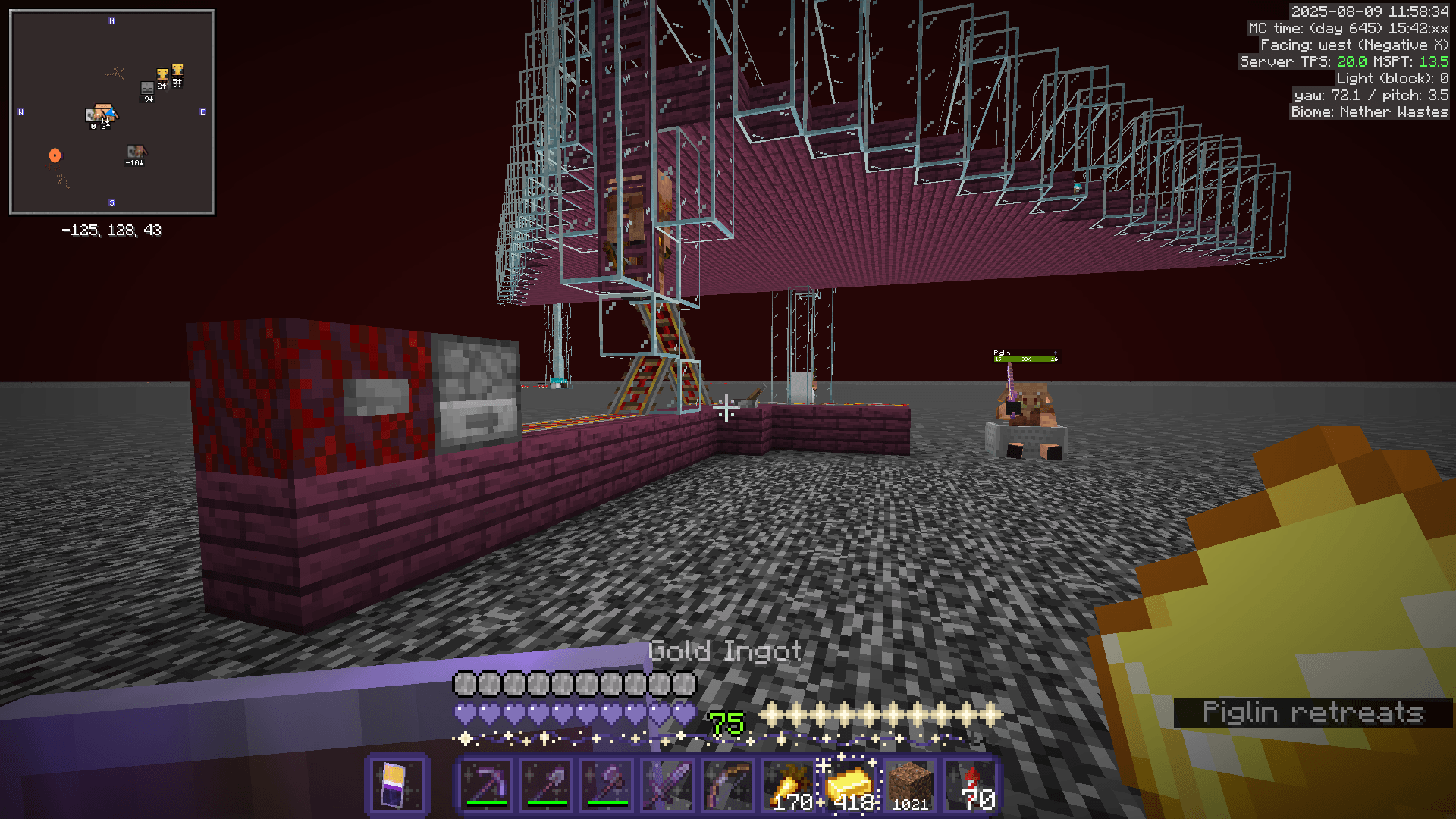 Some piglins stand in a glass holding cell. A powered rail runs underneath on an angle, allowing a minecart to take one and transport it away.