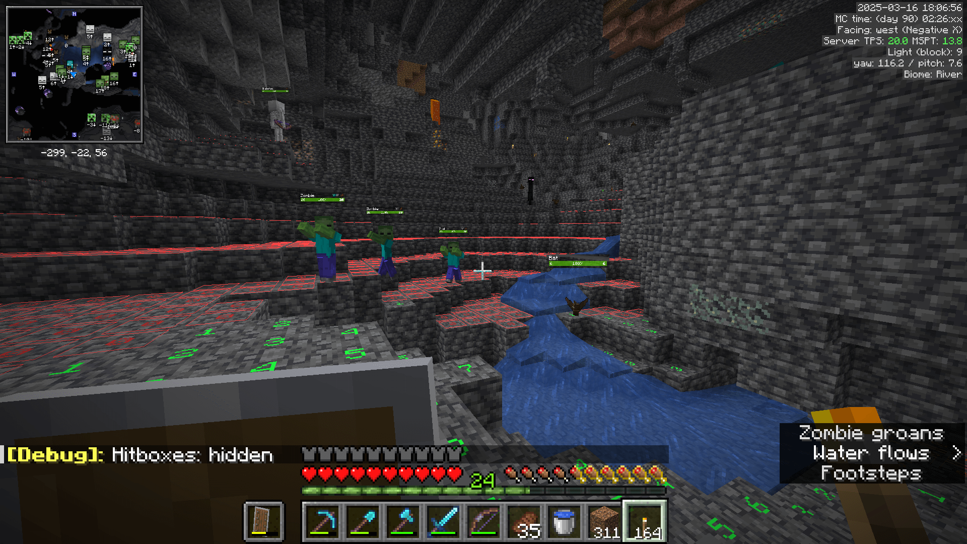 A large deepslate cave. Three zombies follow the player, while a skeleton and enderman lurk in the background.