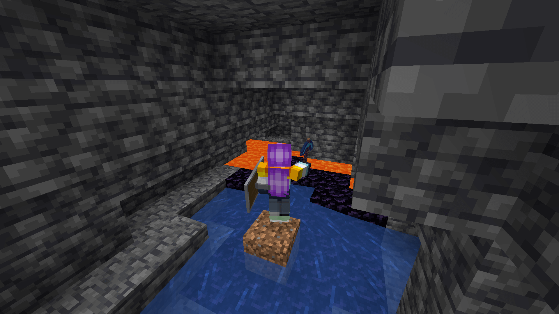 No, I'm not doing the sweaty speedrunner thing for my portals. CHILL. A minecraft player mines for obsidian in a deepslate cave.