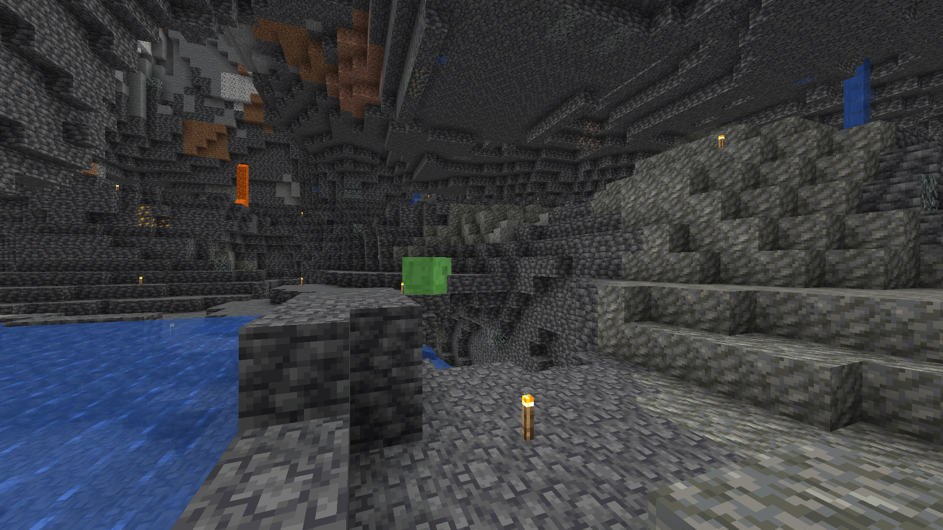 Delicious lime jelly :D A large slime in a deepslate cave.