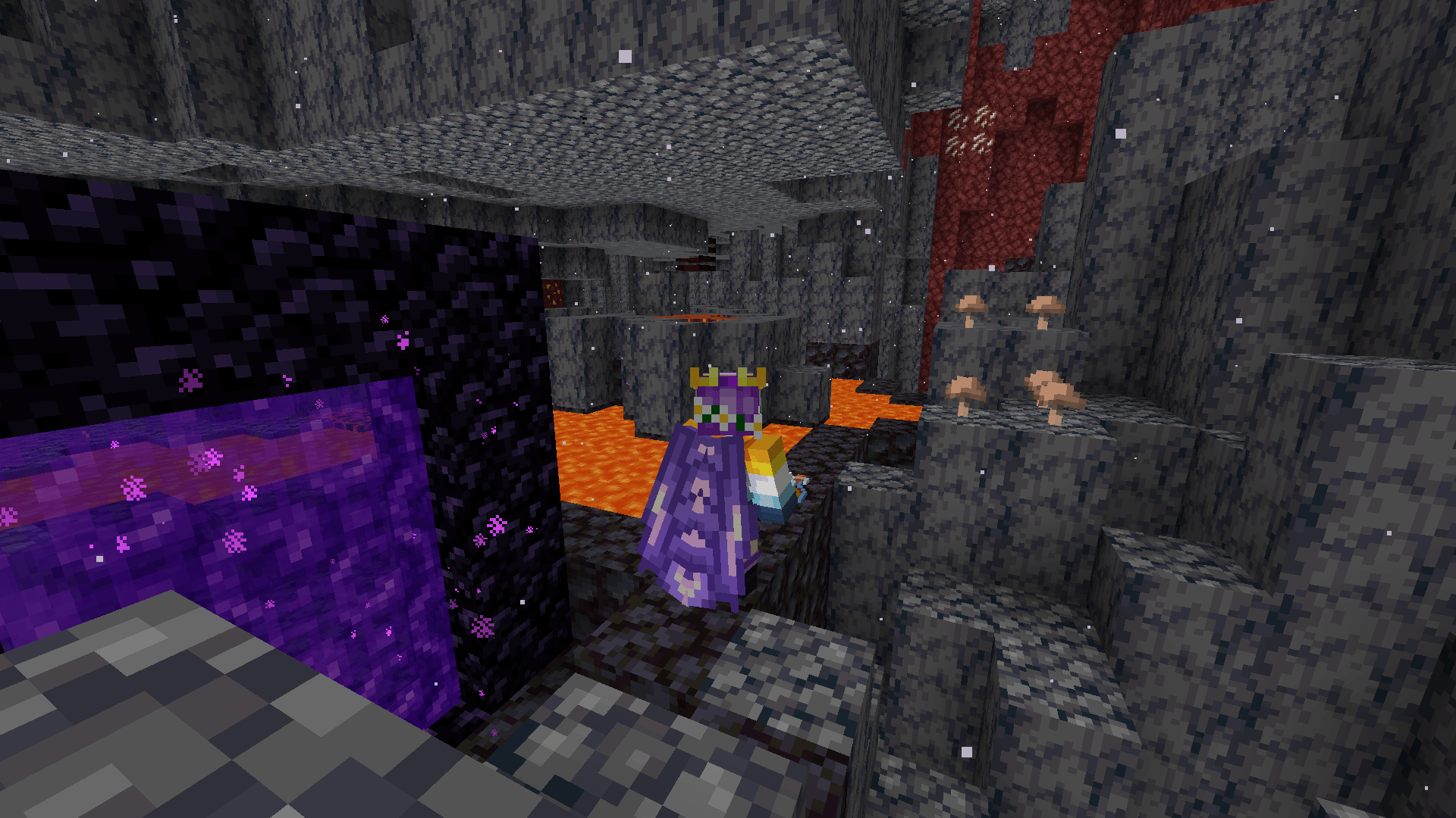 Ela emerges from a nether portal into a small basalt delta room with a lava pool and some brown mushrooms.