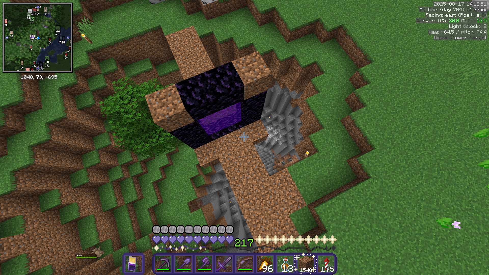 Top-down view of a nether portal built on a dirt path overhanging a steep vertical tunnel.