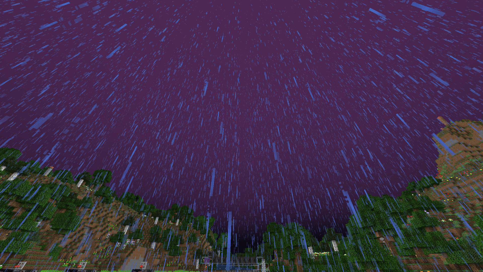 Rain falls from the greyish-purple sky onto the flower forest below.