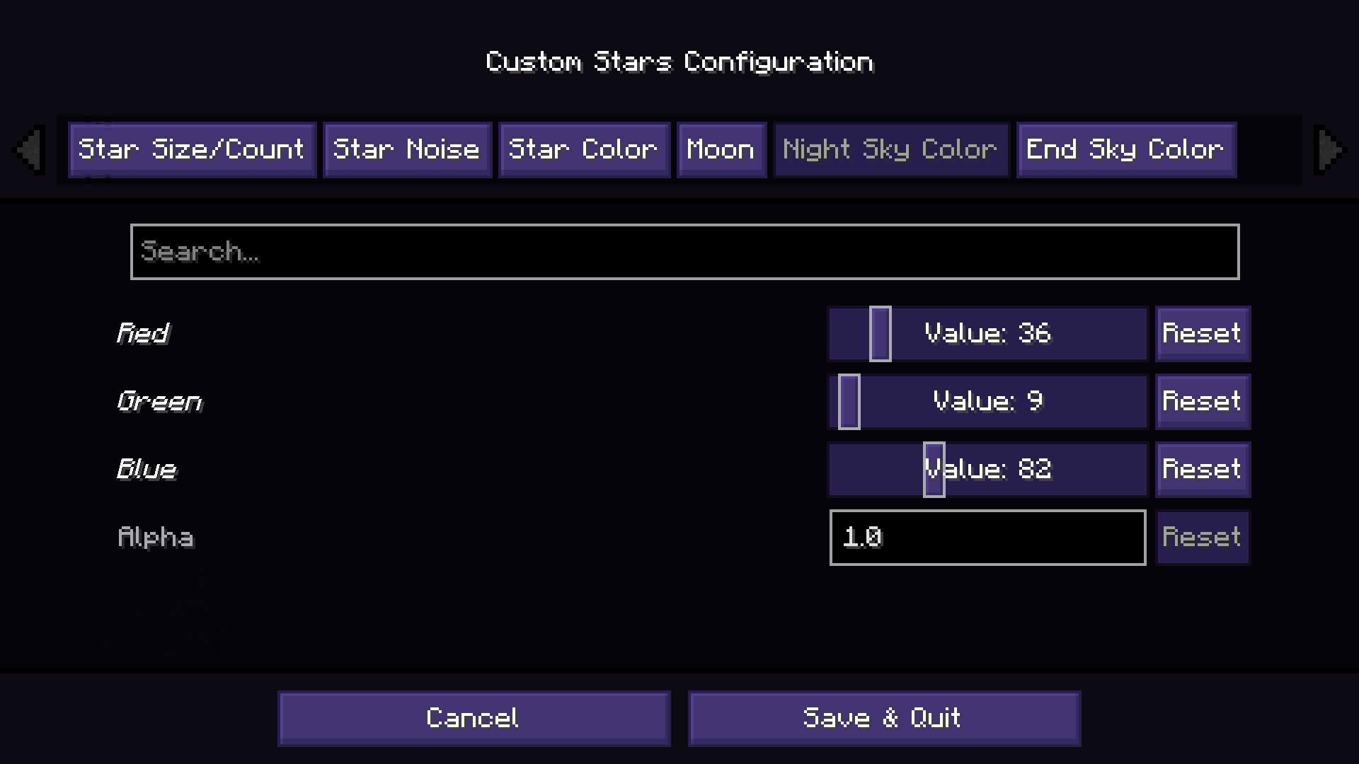 Settings screen for the Custom Stars mod. The colour values for the night sky have been changed from the default black (0, 0, 0) to a dark purple (36 Red, 9 Green, 82 Blue).