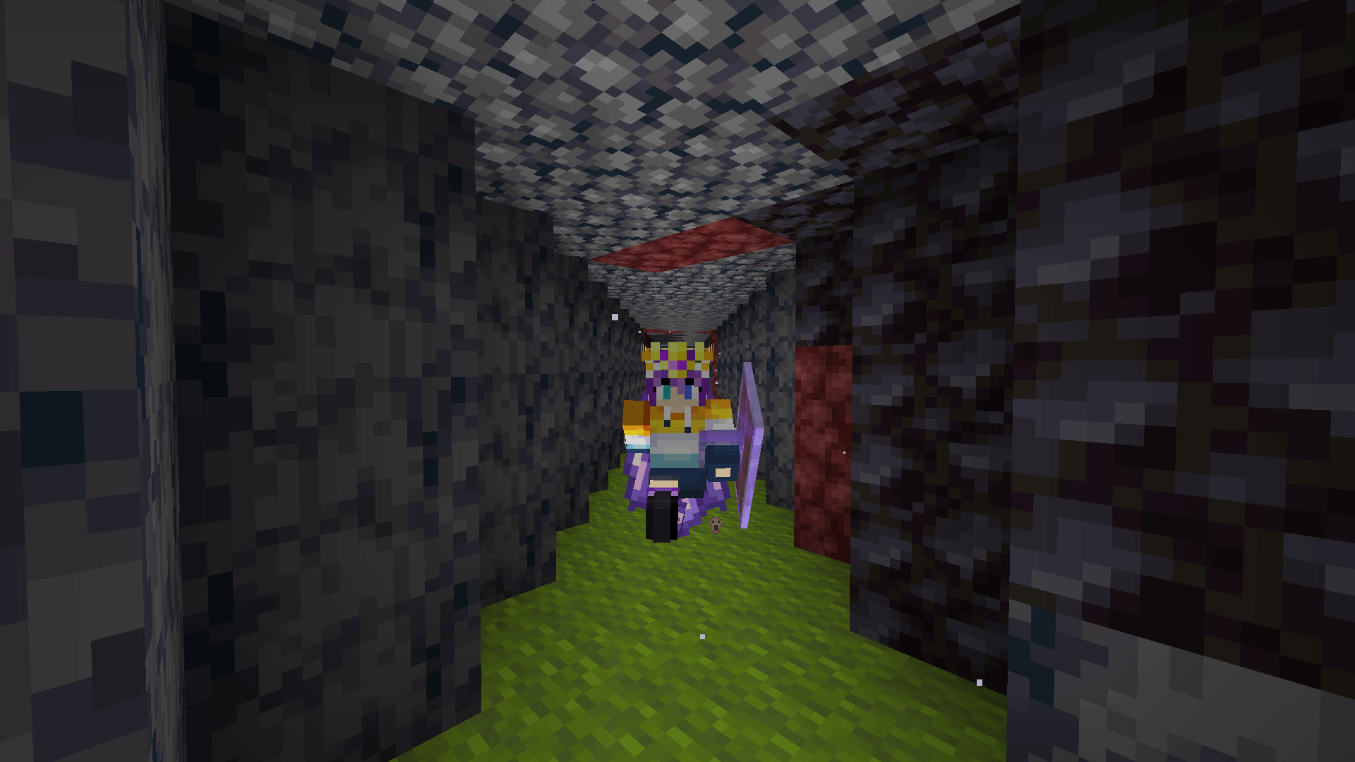 Ela runs on a green carpet path through a basalt and blackstone tunnel. A soul particle rises near their foot, indicating that they are using the Soul Speed enchantment to move faster.