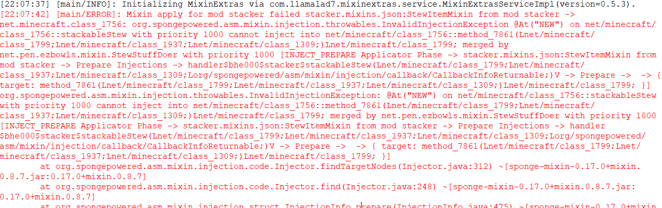 Minecraft crash log, indicating that the game was unable to start up due to a conflict between mods.
