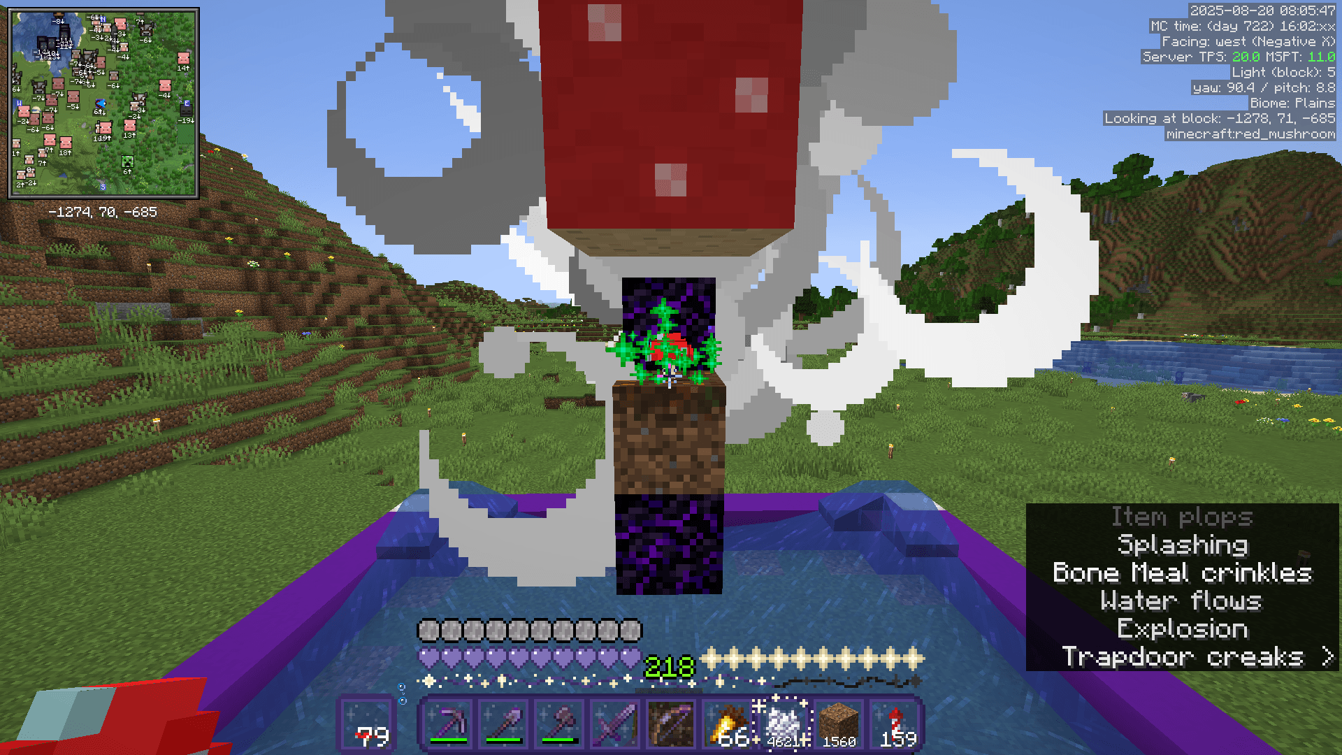 Growing red mushrooms in the tree farm. A red mushroom sits on a podzol block, surrounded by green growth particles, as a TNT explosion goes off behind.