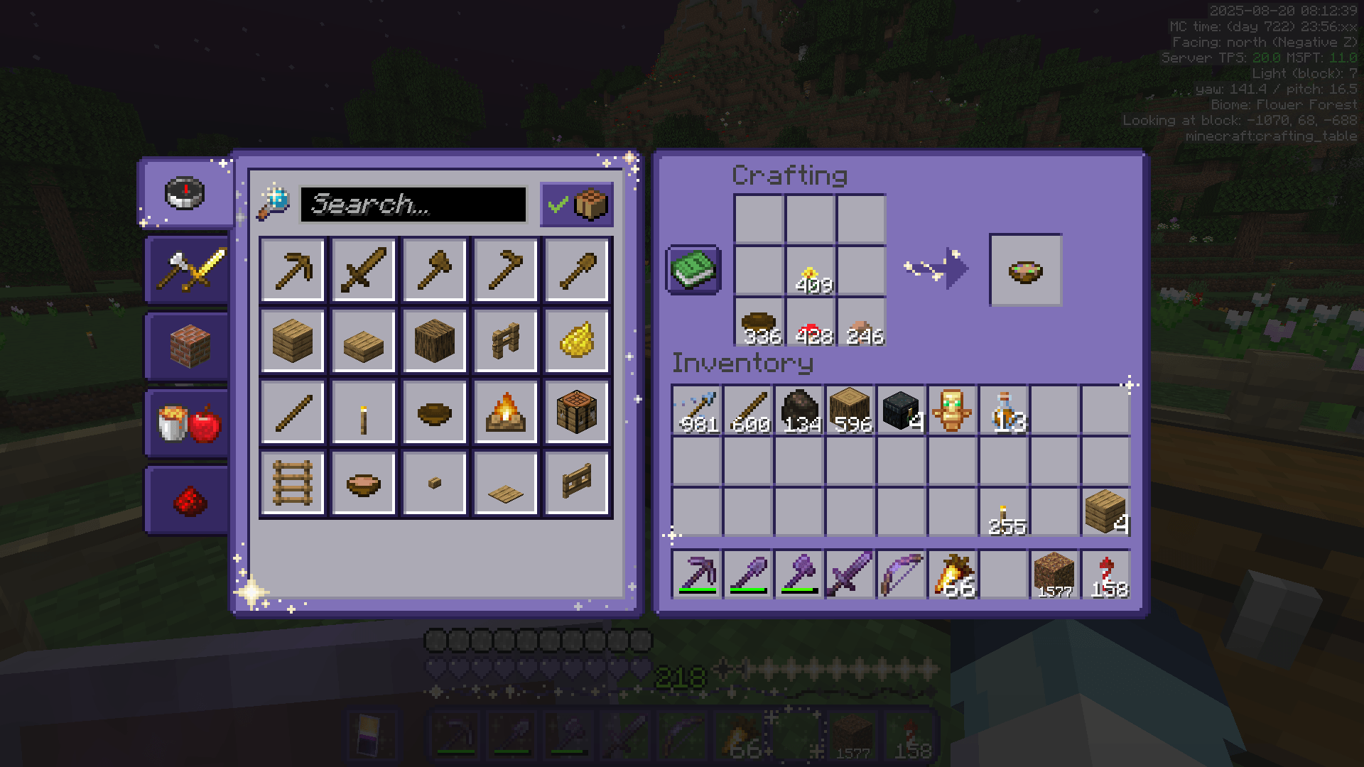 Crafting a large quantity of suspicious stews using bowls, red mushrooms, brown mushrooms, and dandelions.