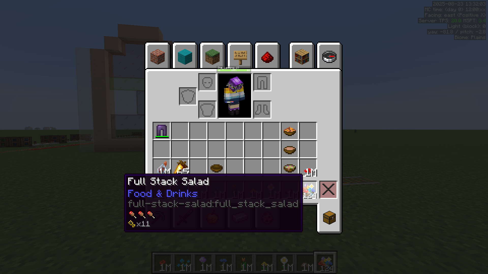 Full Stack Salad in the Crafting Table GUI. The Appleskin mod shows the item as giving 11 icons of saturation.