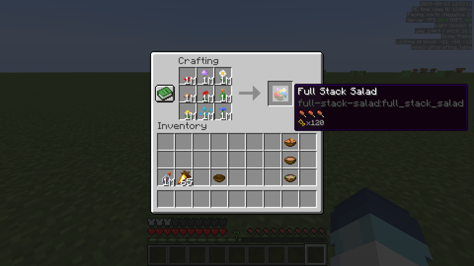 Full Stack Salad in the Crafting Table GUI. The Appleskin mod shows the item as giving 120 icons of saturation.