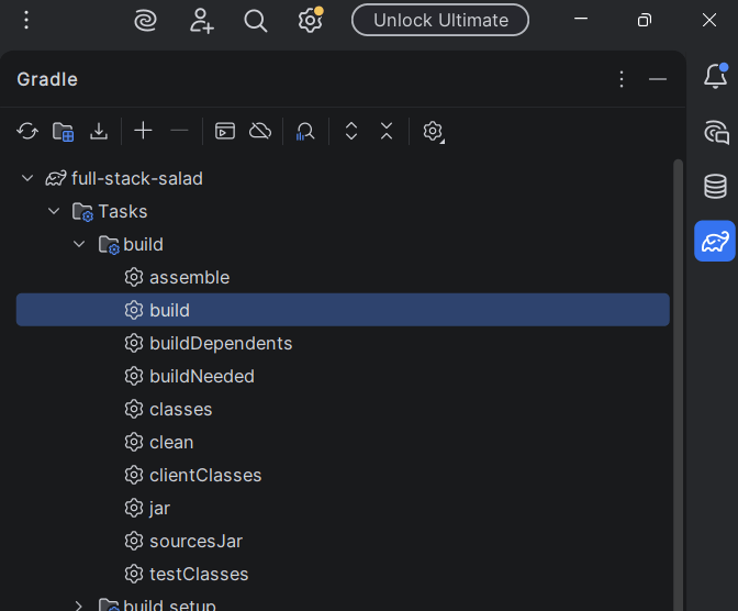 Gradle menu in IntelliJ IDEA. The 'build' option is highlighted.