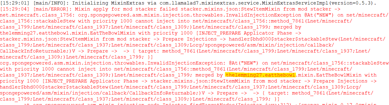 Minecraft crash log, indicating that the game was unable to start up due to a conflict between mods.