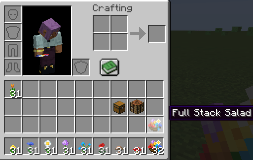 Inventory GUI containing several flowers and a modded item called the 'Full Stack Salad'.