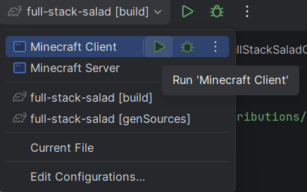 Drop-down menu in IntelliJ IDEA to run a Minecraft instance from within the development environment.