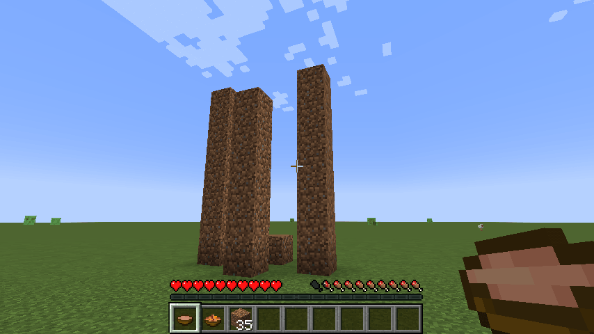 Eating a mushroom stew to restore hunger on a superflat world. There are some dirt pillars that were used to take fall damage and induce hunger.