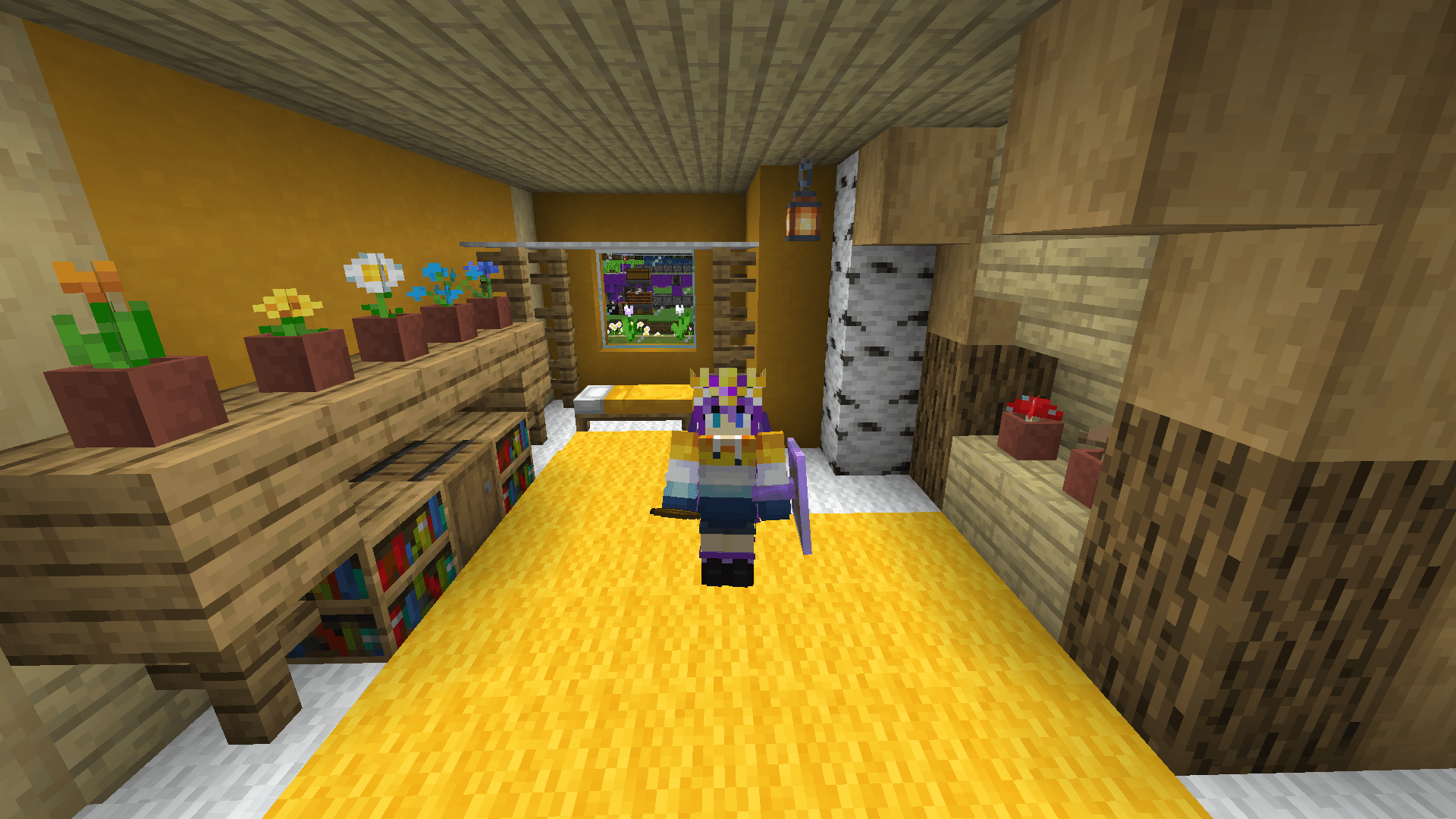 Ela stands in a bedroom with a four-poster bed, bookshelves, and potted flowers.