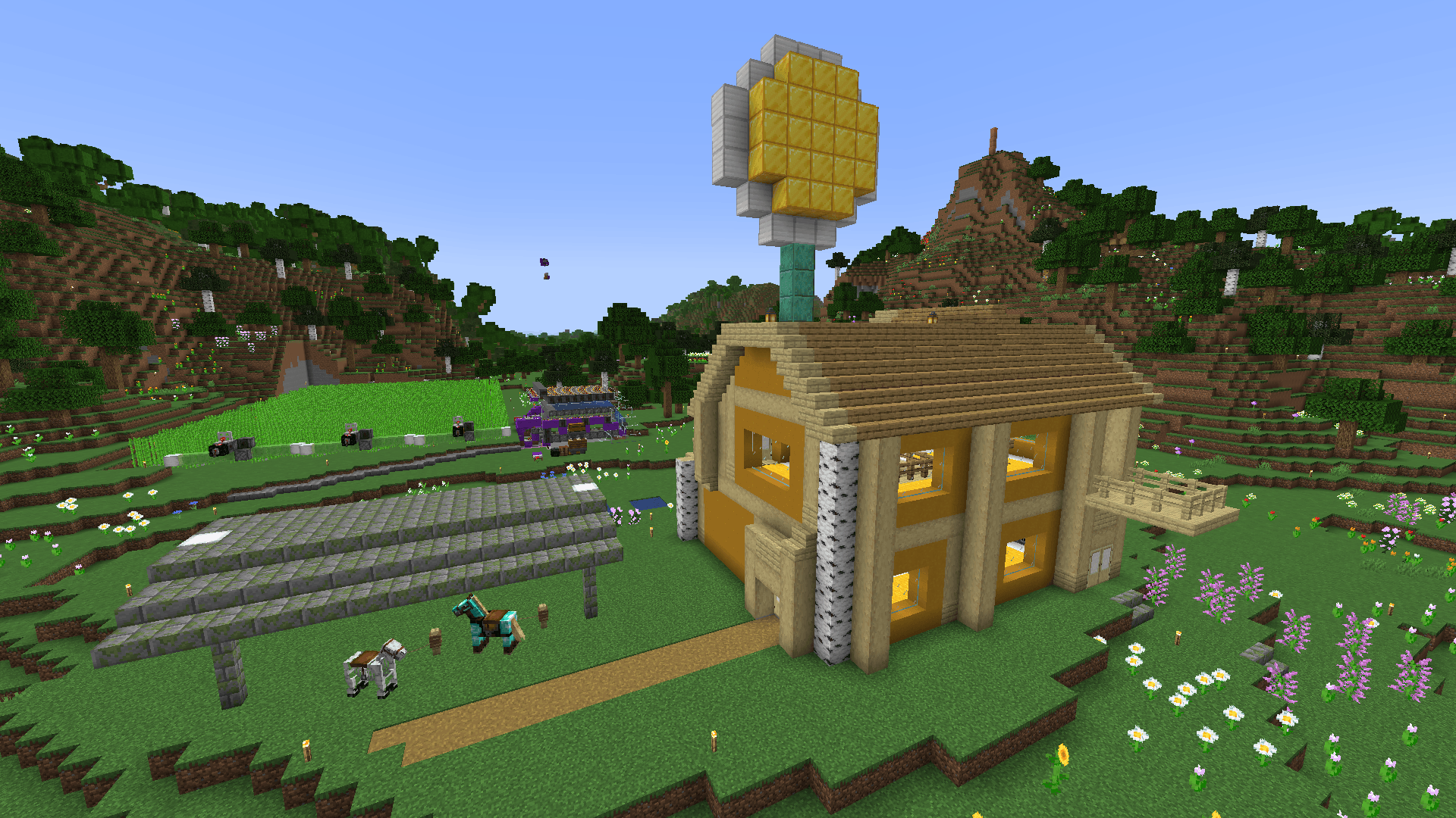 Reverse angle of the flower house, revealing another balcony as well as side and back entrances. The daisy and sugarcane farms are visible in the background.