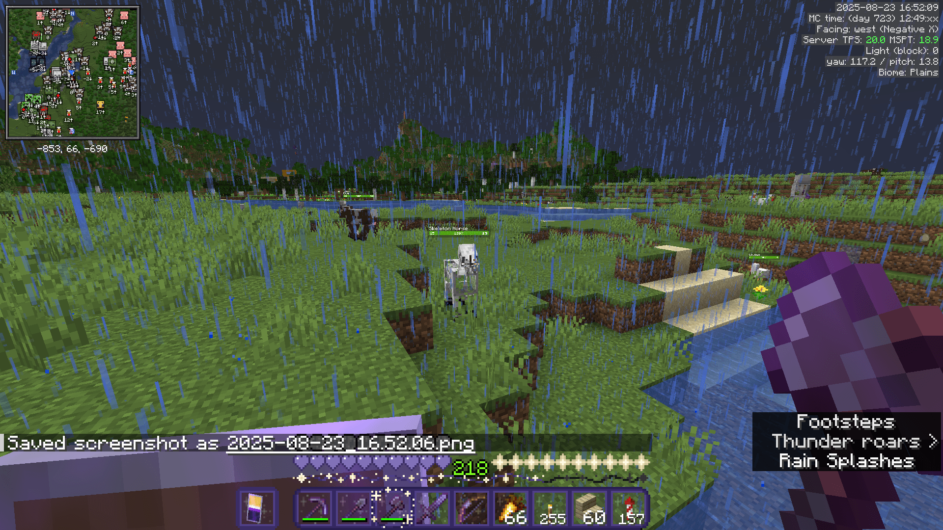 A skeleton horse stands in the plains during a thunderstorm. There is also a cow, a skeleton, and a few chickens nearby.