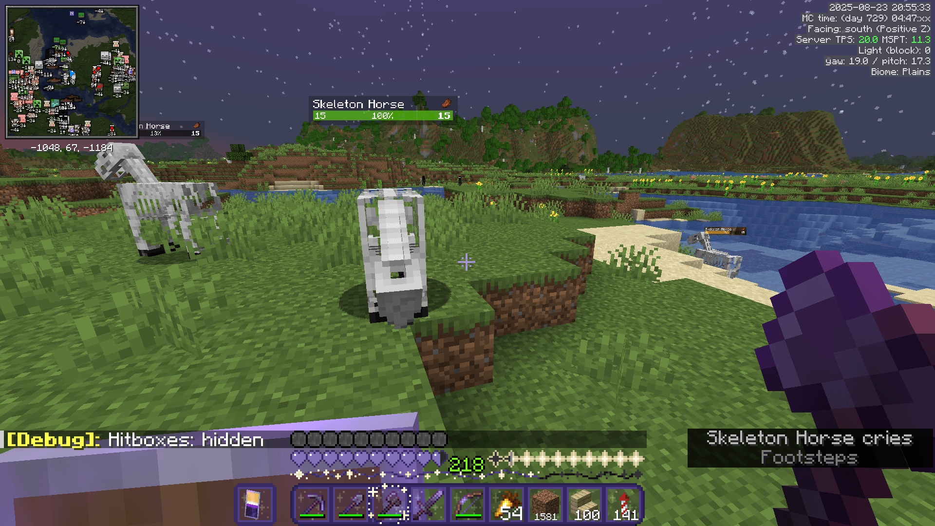 Three skeleton horses wander a riverside plain, while some endermen lurk in the background.