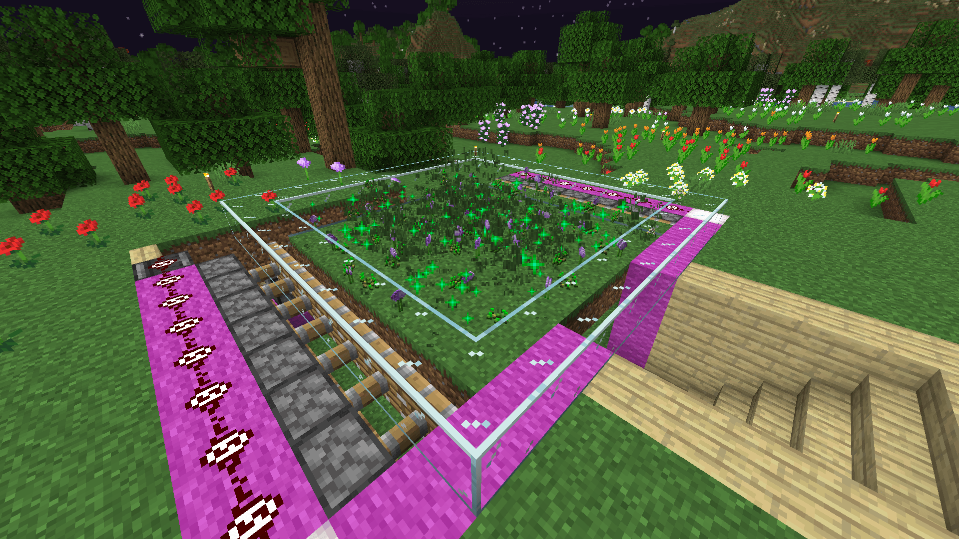 A redstone contraption to produce allium flowers by bonemealing grass then pushing it back and forth with pistons.