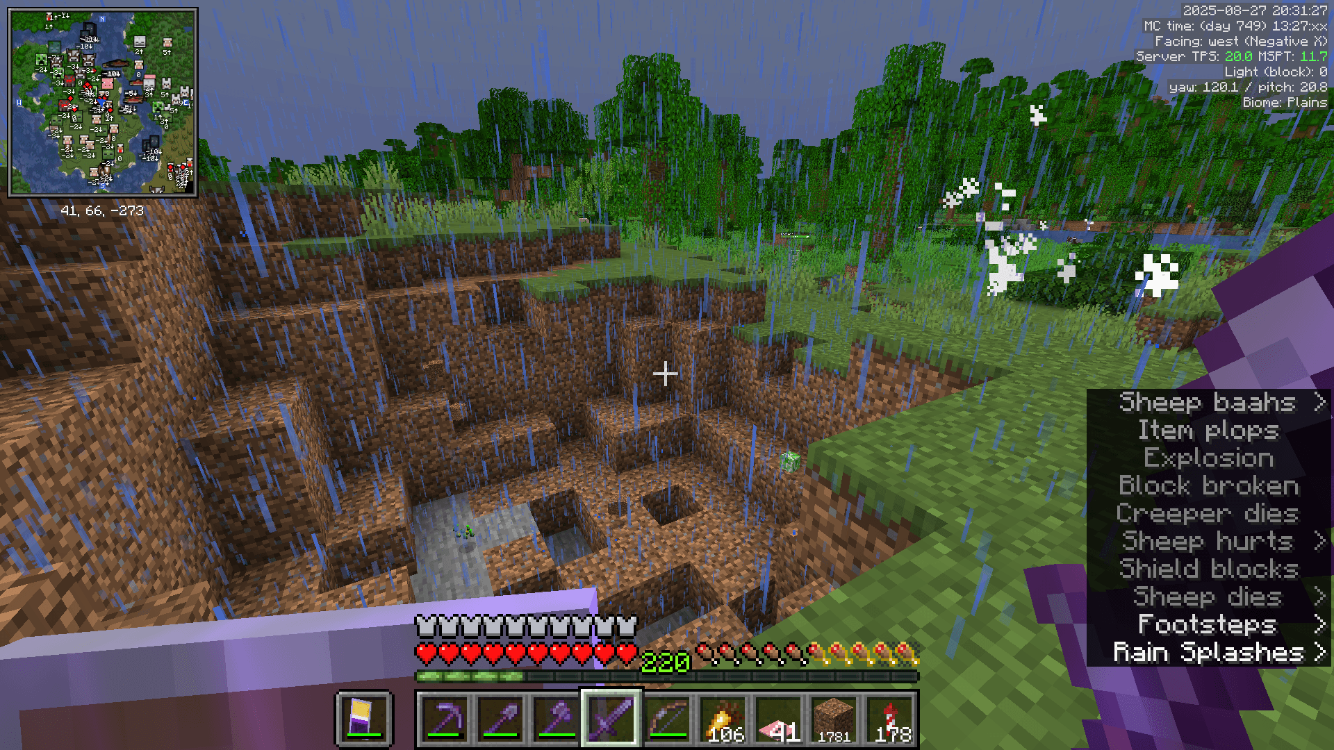 A large crater in the plains, with a creeper head item inside. The subtitle text indicates that a sheep also died in the explosion.