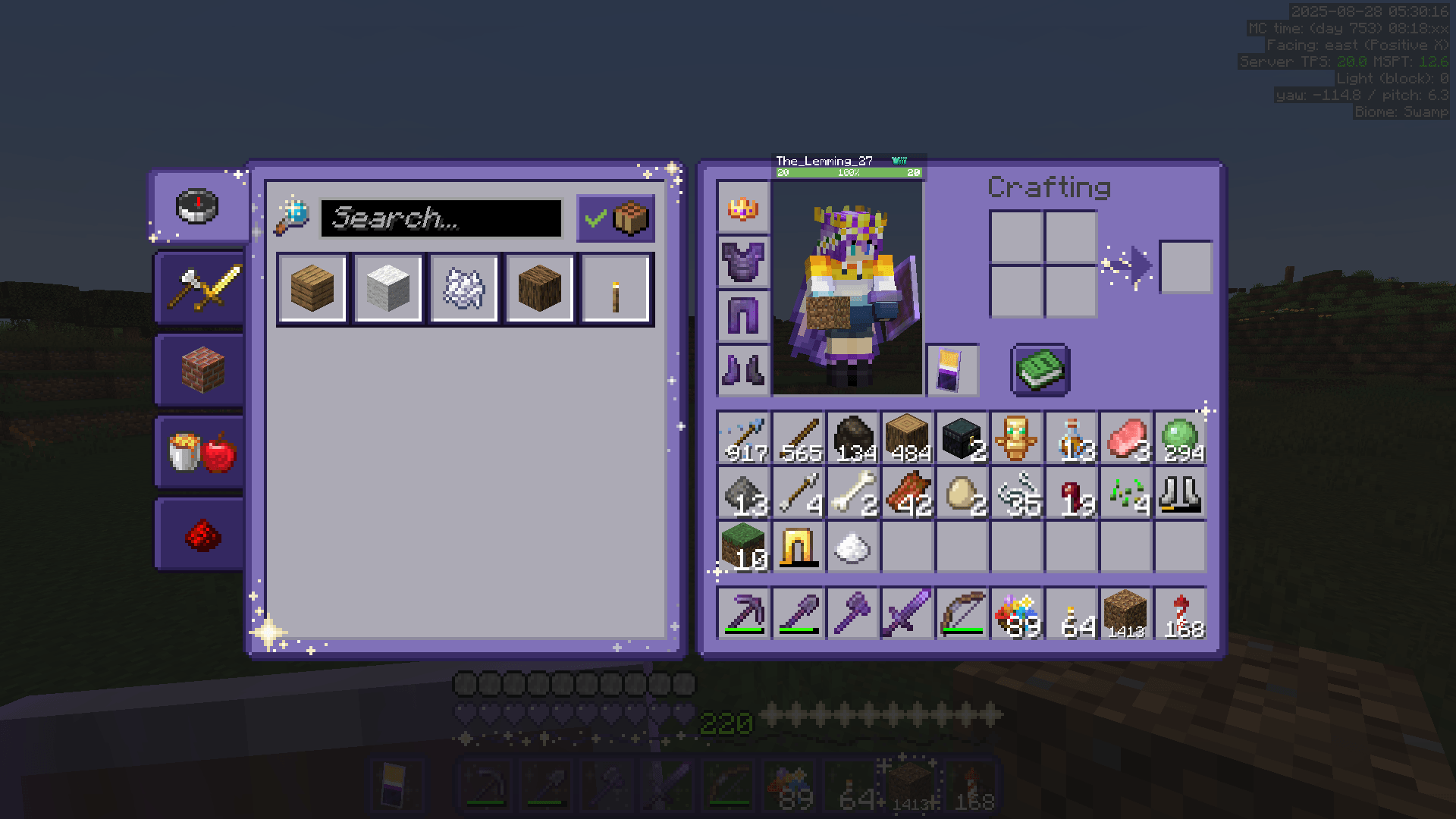 Inventory screen containing various hostile mob loot, including 294 slime balls.