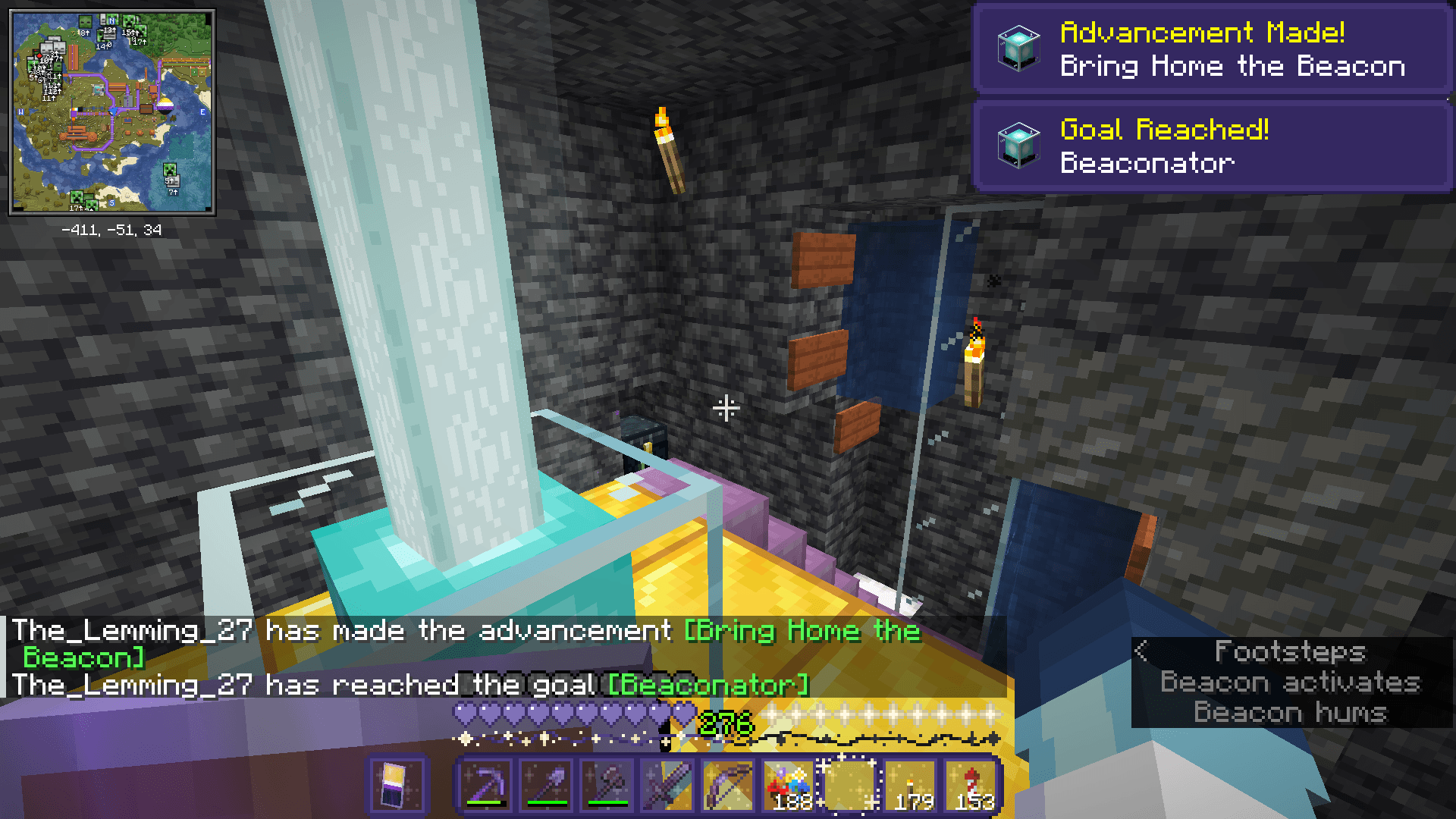 Activating a beacon on a base of gold blocks, in the deepslate layers, to get the 'Bring Home the Beacon' and 'Beaconator' advancements.