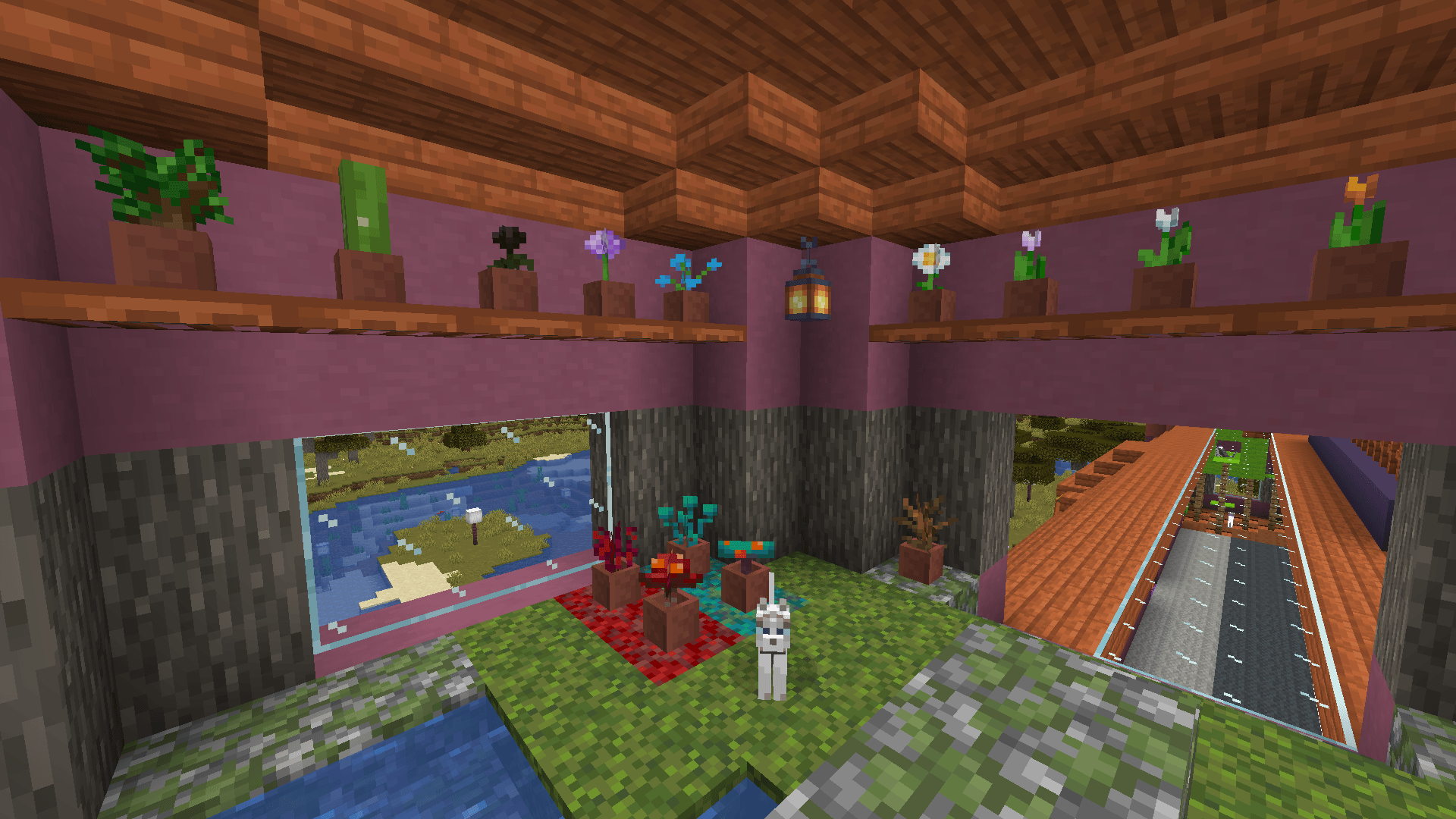 An indoor garden with a mossy floor and many potted plants. A ragdoll cat sits on the floor. The newly-acquired wither rose is in a pot in the centre left.
