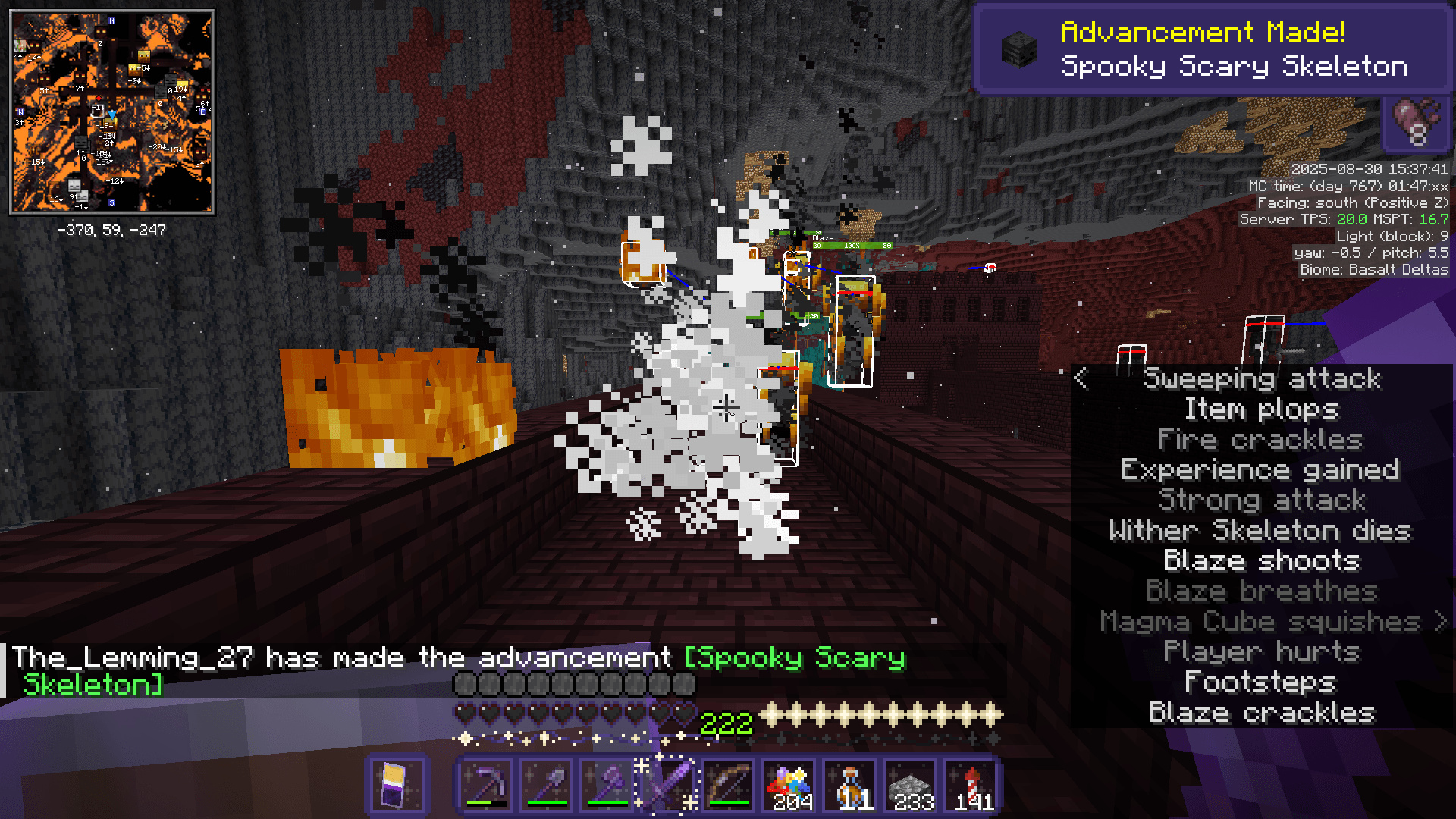 Gaining the 'Spooky Scary Skeleton' advancement for obtaining the first wither skeleton skull. The player is on a nether fortress bridge, with dying mob particles in front of them, and several blazes shooting fireballs towards them.