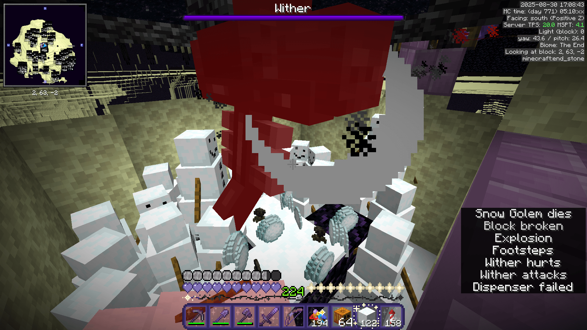 The wither kills snow golems under the End exit portal, leaving behind snowballs and wither roses.