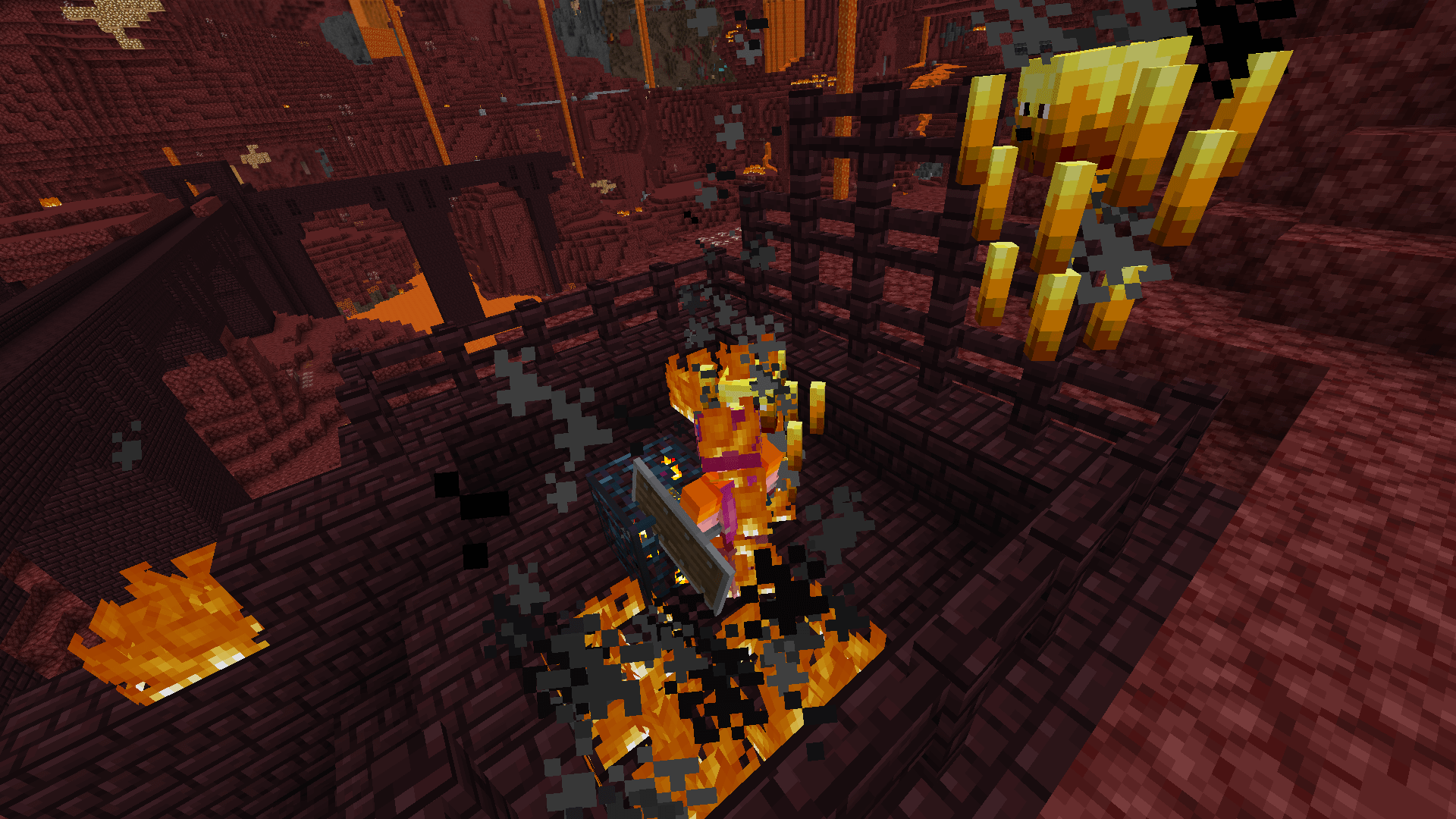 I promise I'm not normally this bad at combat. Fighting in third person view is hard! A minecraft player, on fire, fighting two blazes at a blaze spawner.