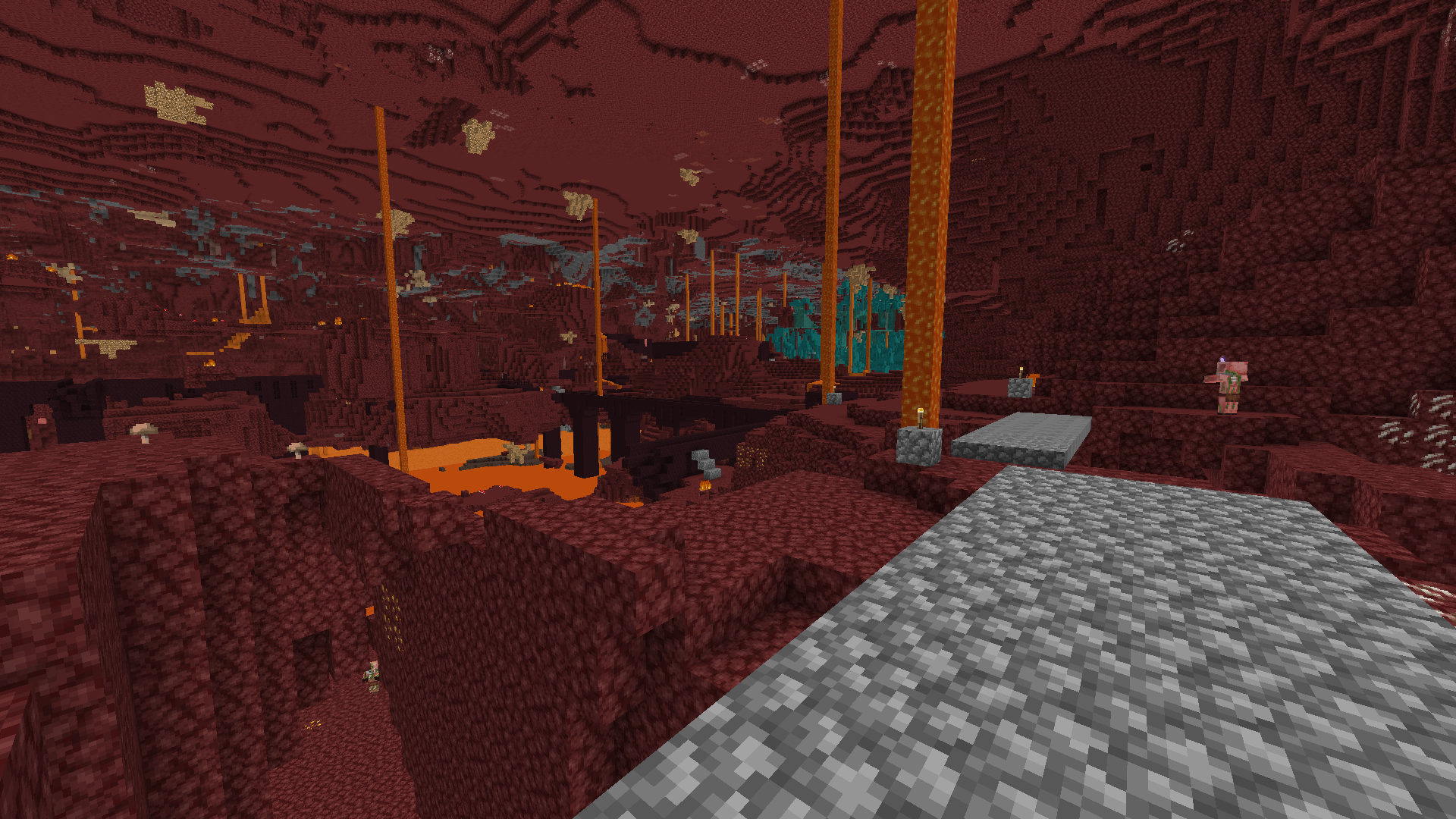 All this and more, right on your doorstep! A nether fortress in nether wastes, with warped forest in the background.