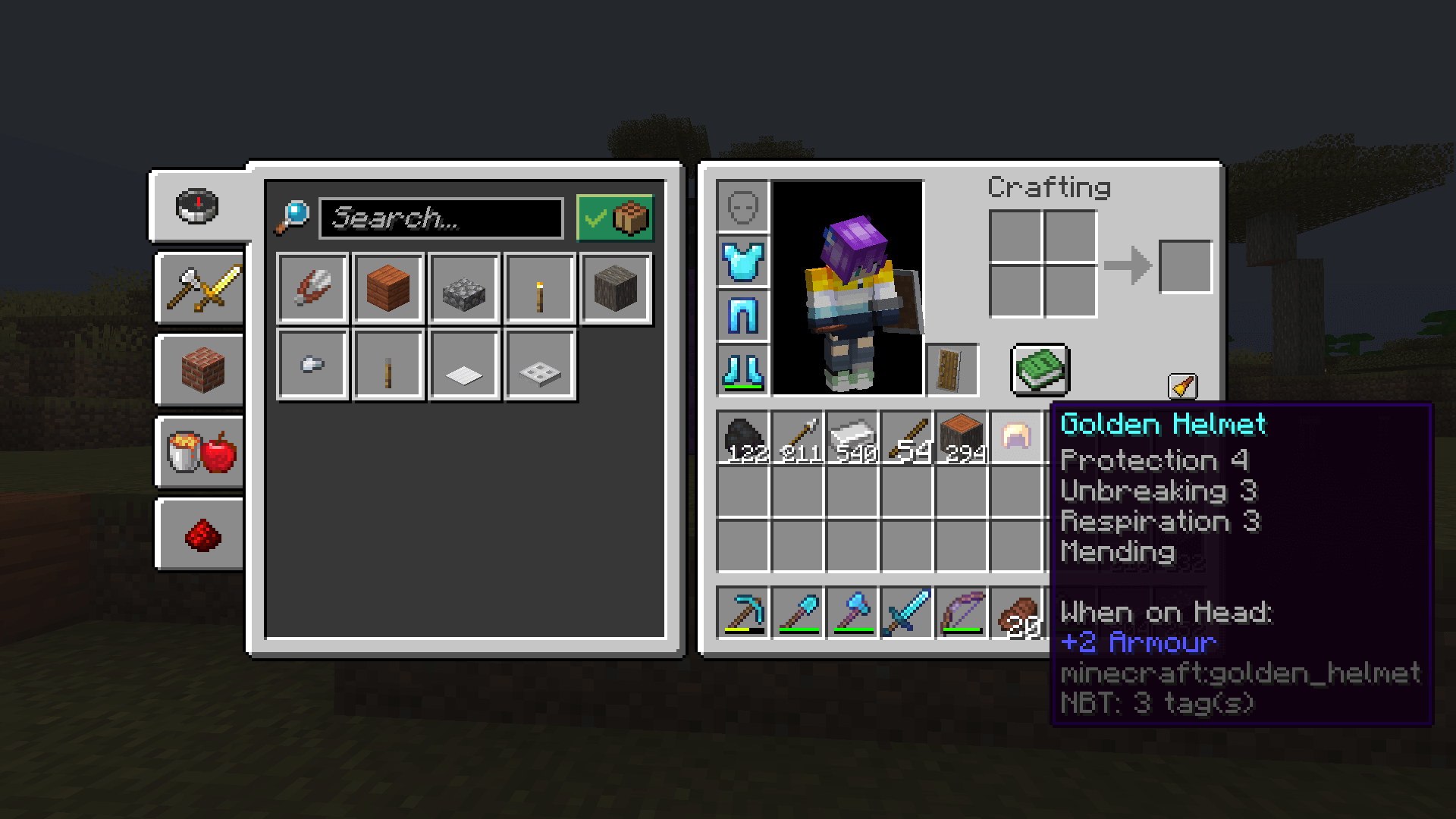Nether ready! A minecraft inventory including enchanted diamond armour and tools, as well as an enchanted gold helmet.